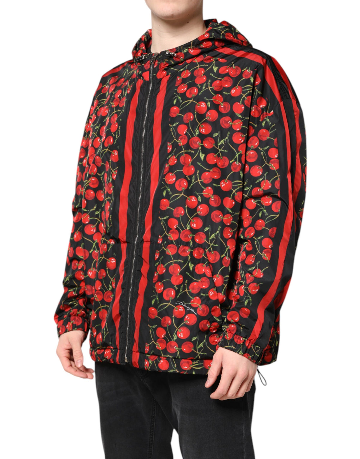 New Dolce & Gabbana Black Cherry Print Hooded Windbreaker Jacket