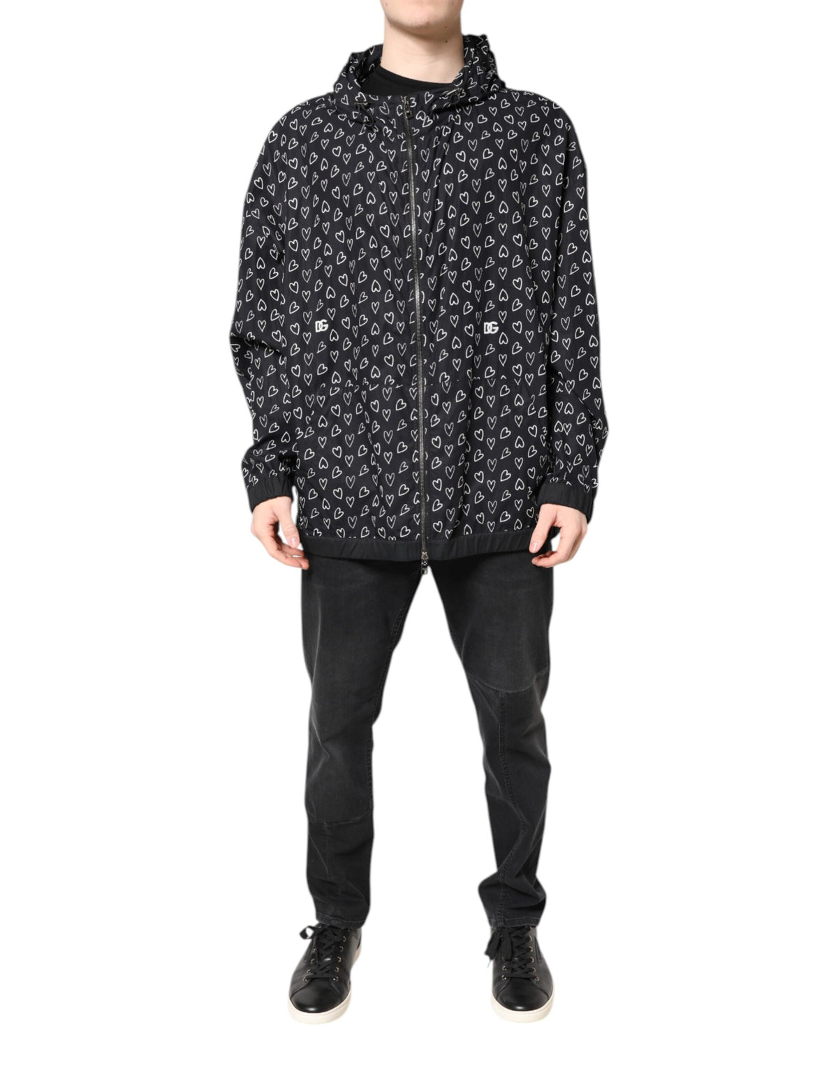New Dolce & Gabbana Black Heart Print Hooded Windbreaker Jacket