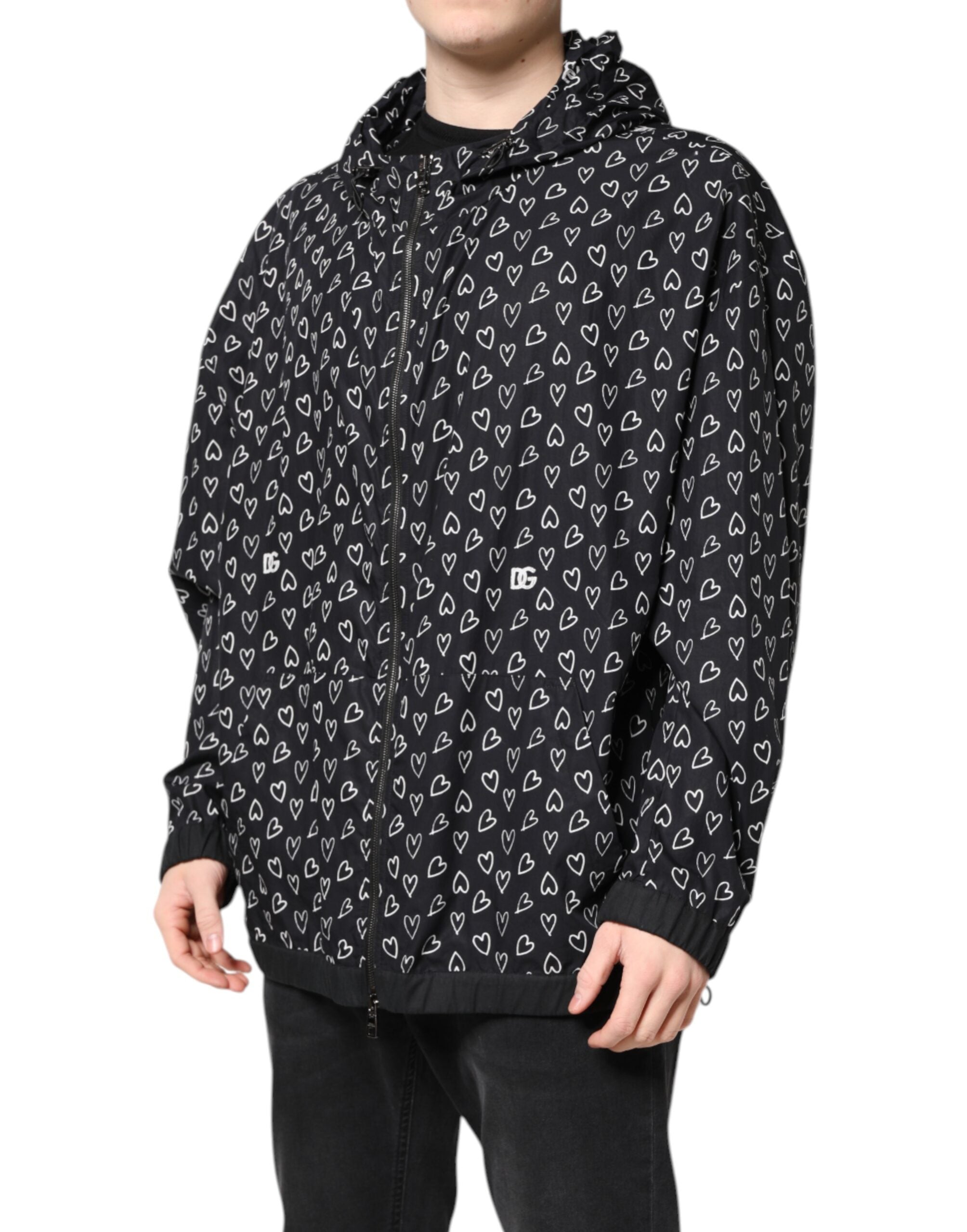 New Dolce & Gabbana Black Heart Print Hooded Windbreaker Jacket