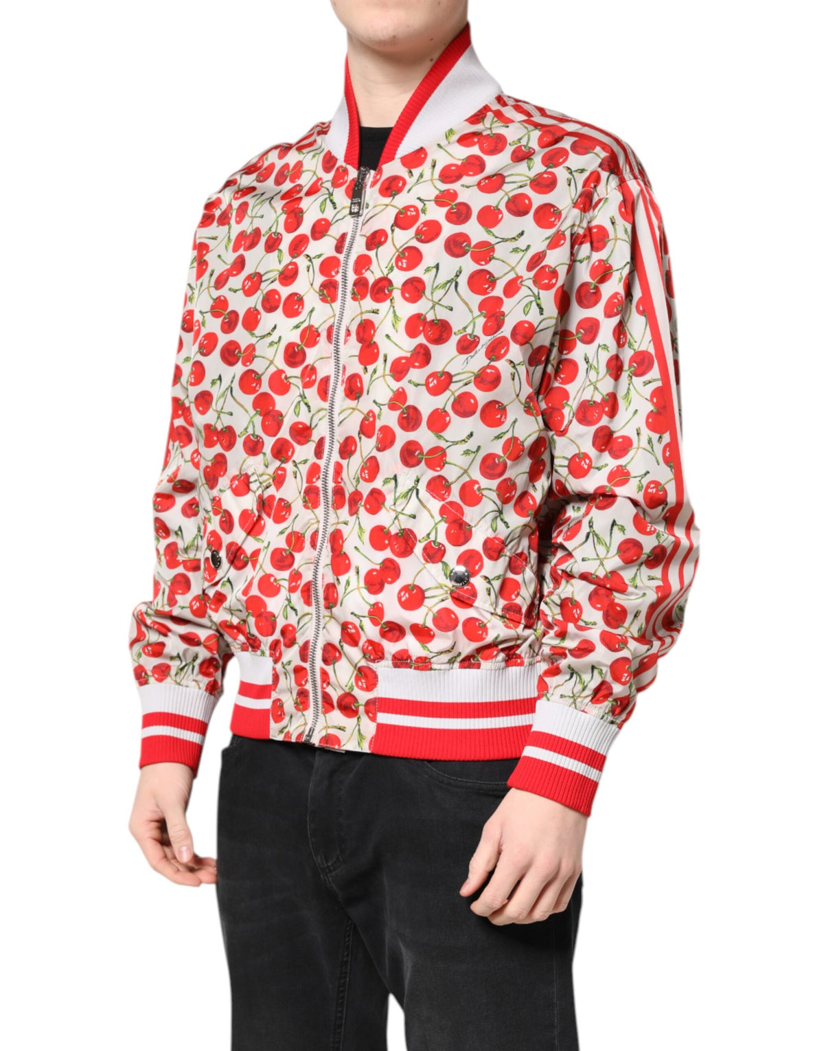New Dolce & Gabbana White Cherry Print Full Zip Bomber Jacket