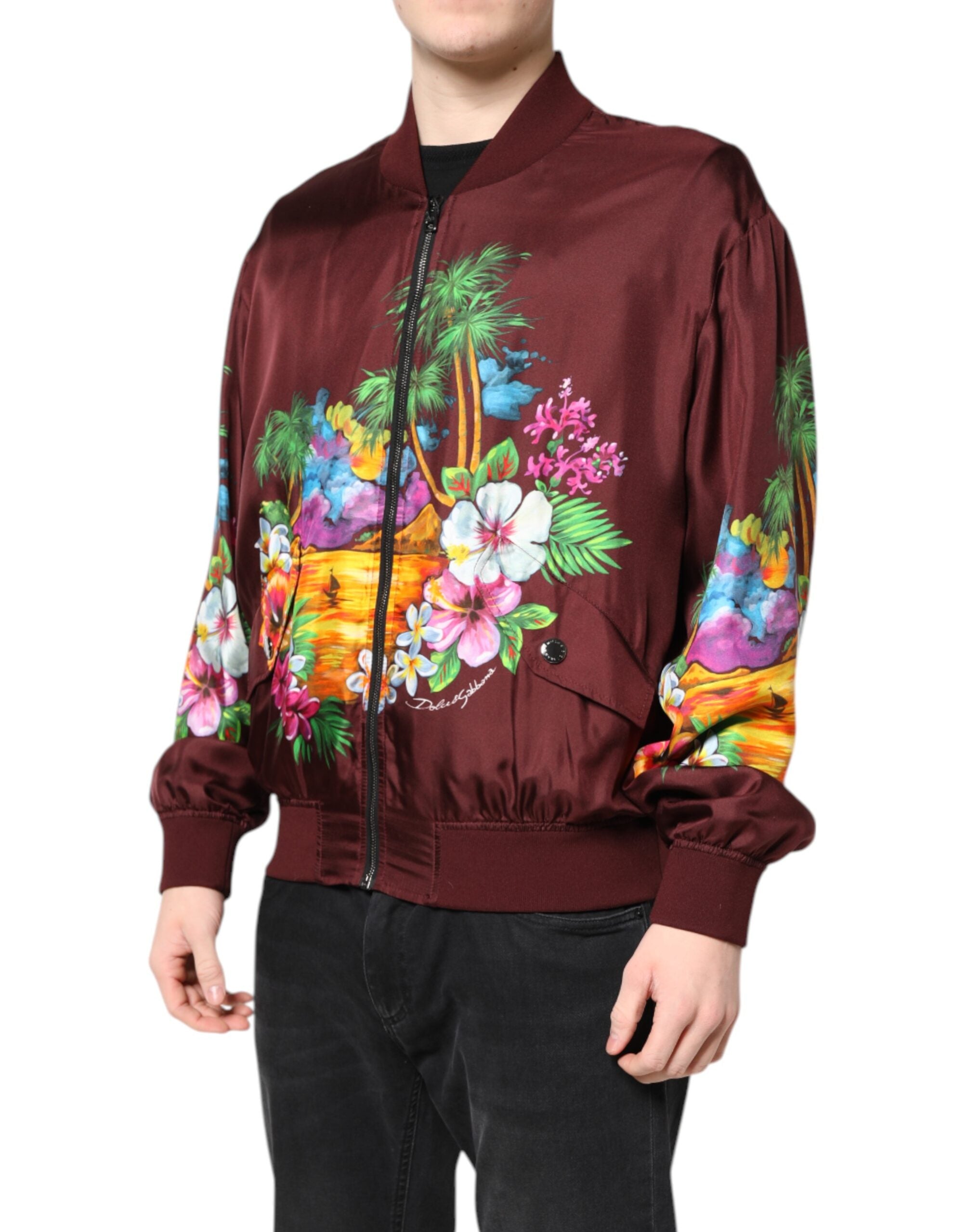 New Dolce & Gabbana Maroon Floral Print Full Zip Bomber Jacket