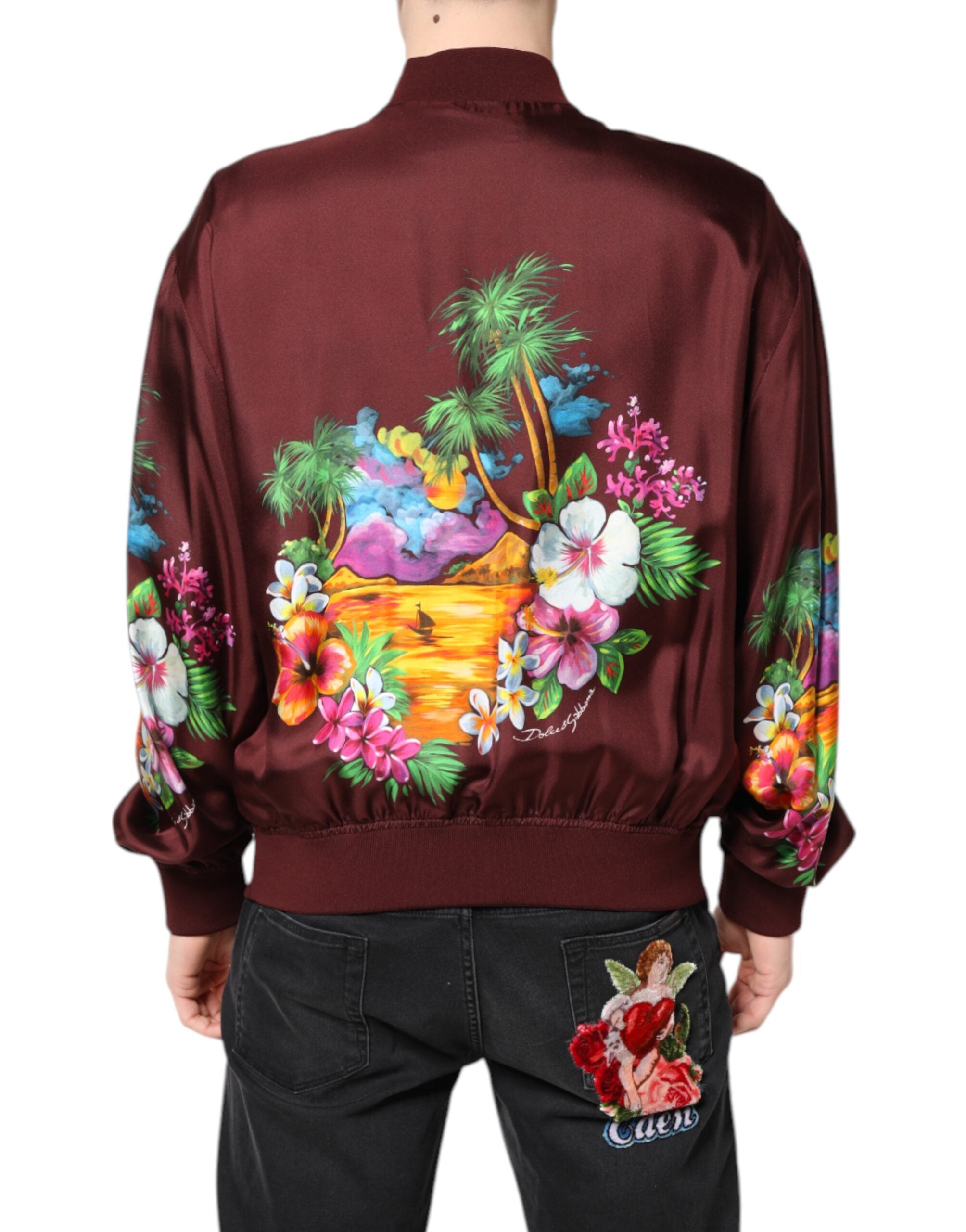 New Dolce & Gabbana Maroon Floral Print Full Zip Bomber Jacket