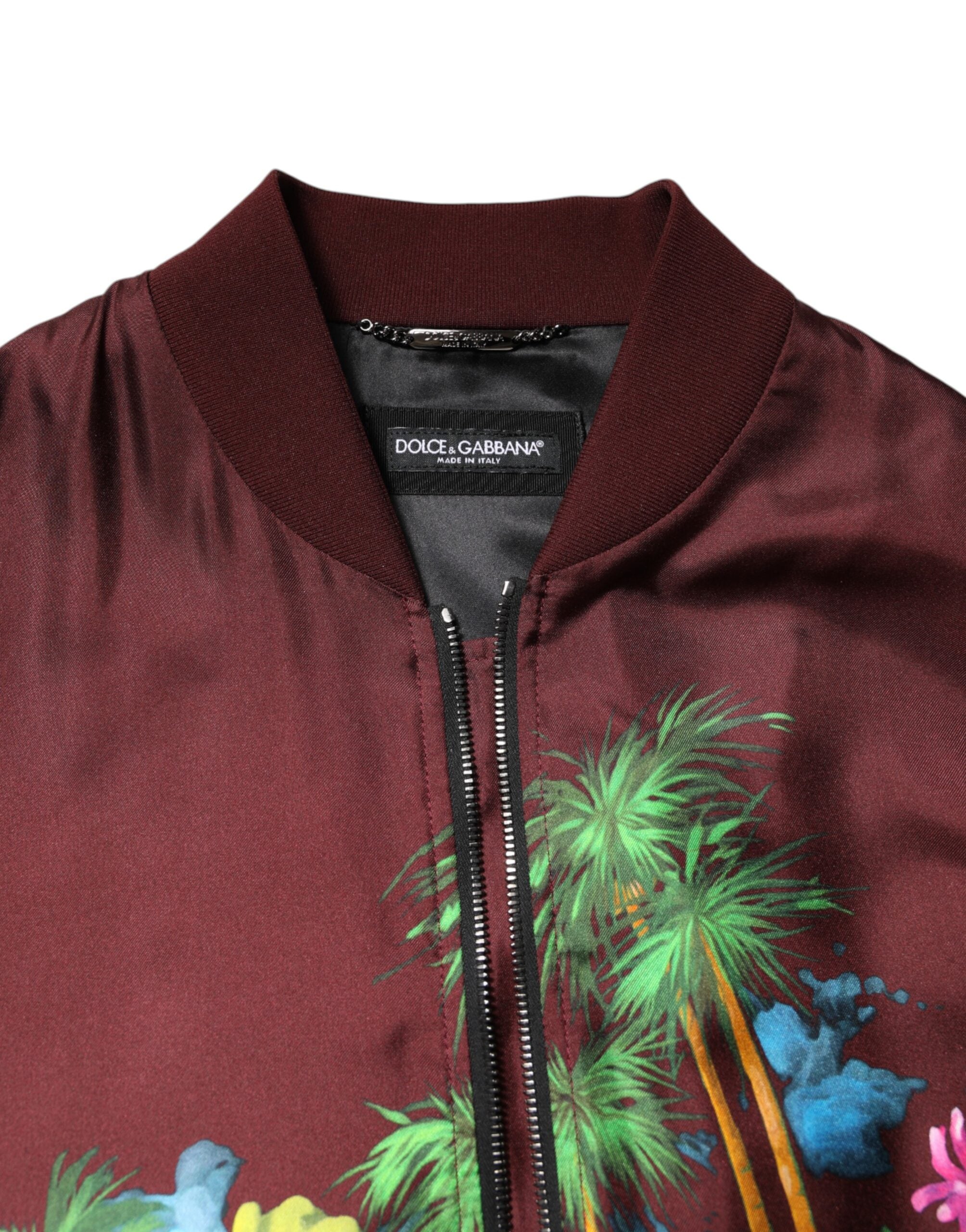 New Dolce & Gabbana Maroon Floral Print Full Zip Bomber Jacket