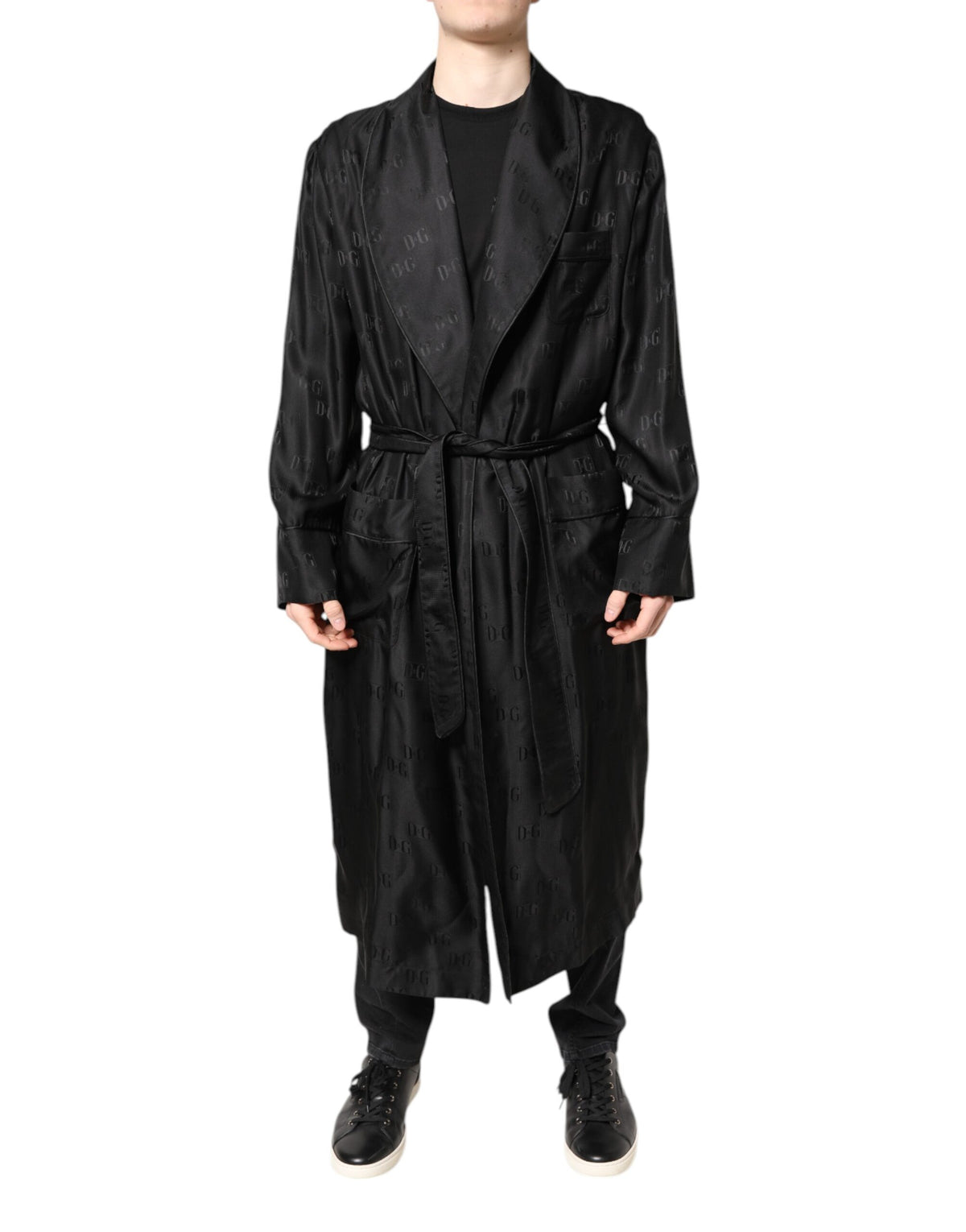 New Dolce & Gabbana Black Silk DG Logo Men Wrap Robe Coat Jacket