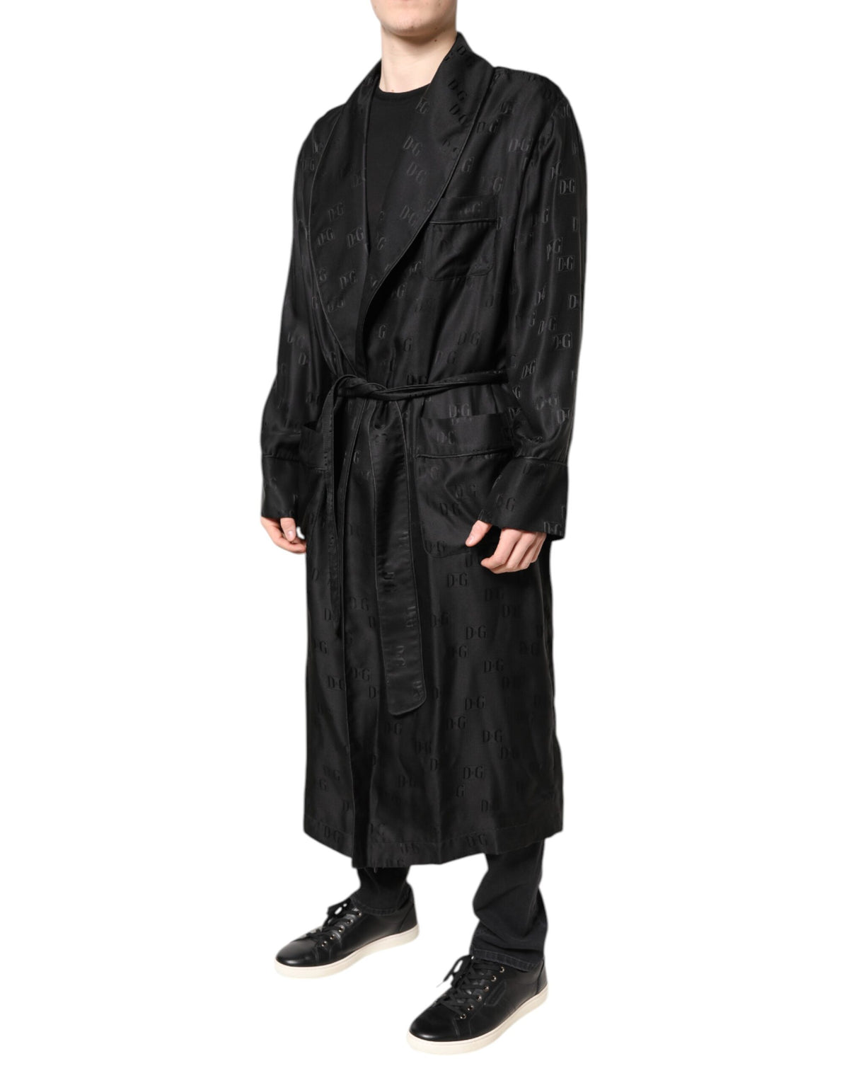 New Dolce & Gabbana Black Silk DG Logo Men Wrap Robe Coat Jacket