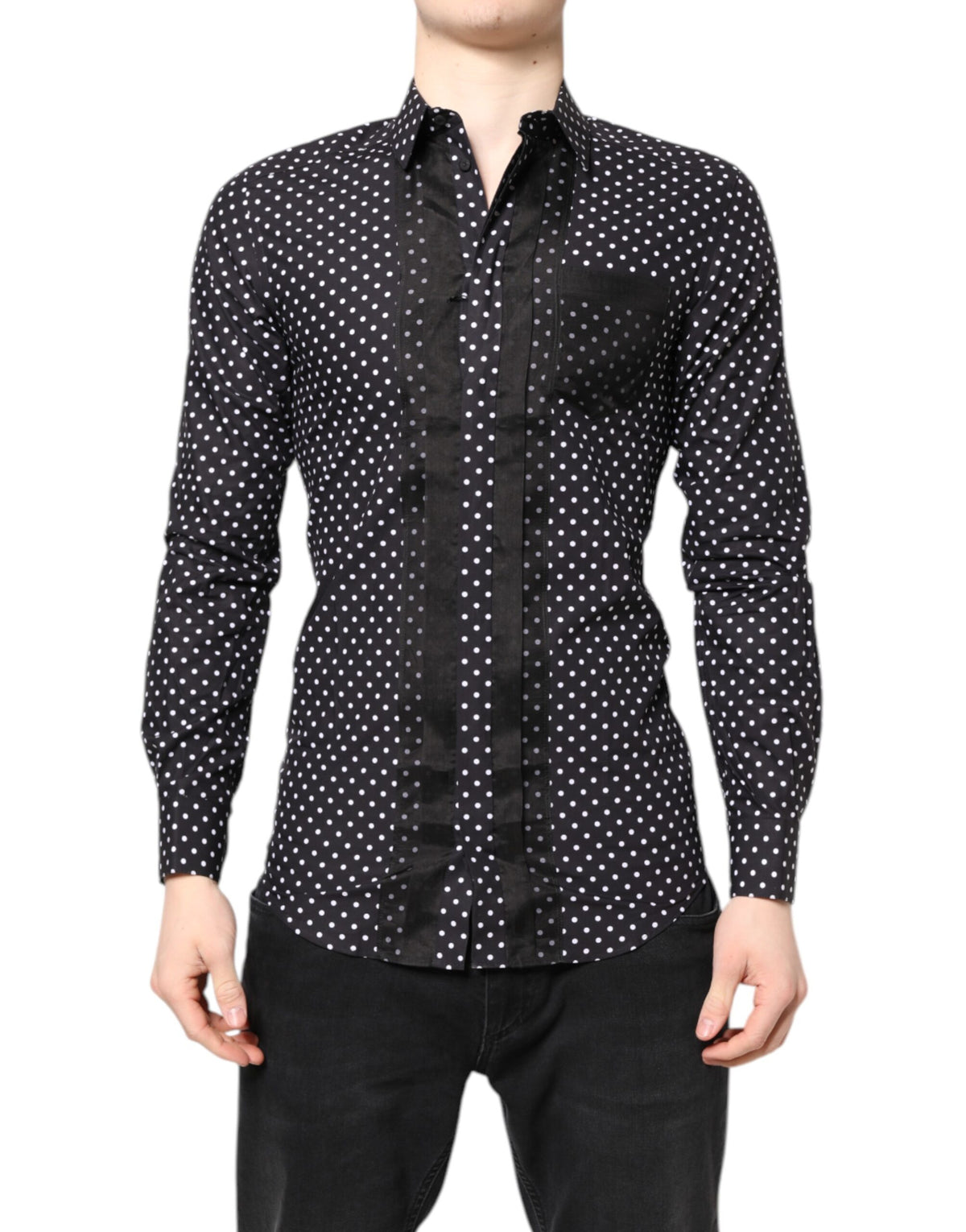 New Dolce & Gabbana Black Polka Dot Long Sleeves Gold Formal Shirt