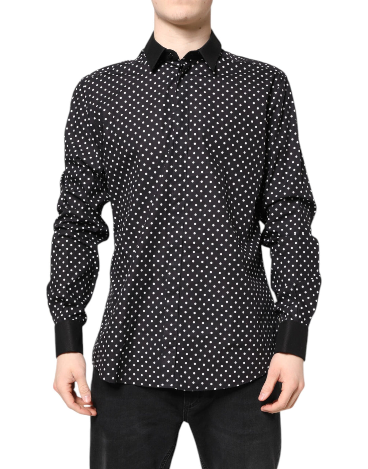 New Dolce & Gabbana Black Polka Dot Cotton Formal Dress Shirt