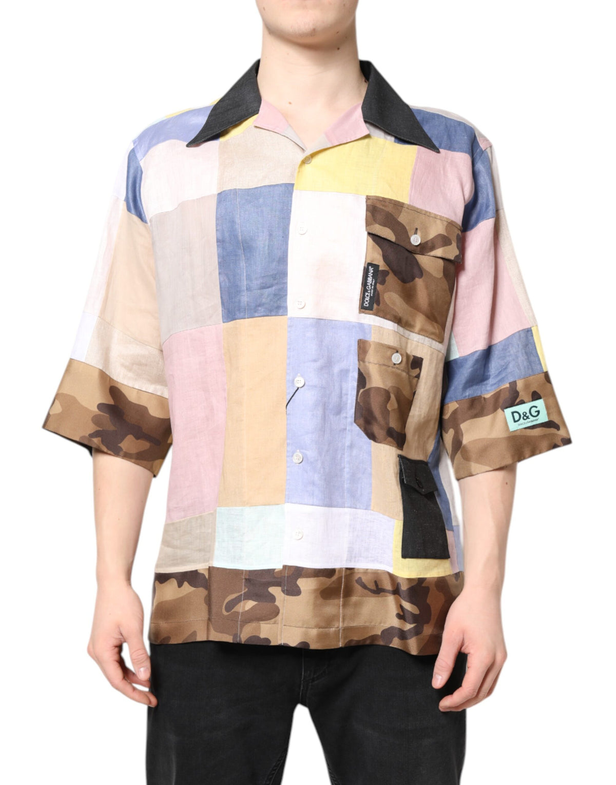 New Dolce & Gabbana Multicolor Patchwork Short Sleeve Shirt