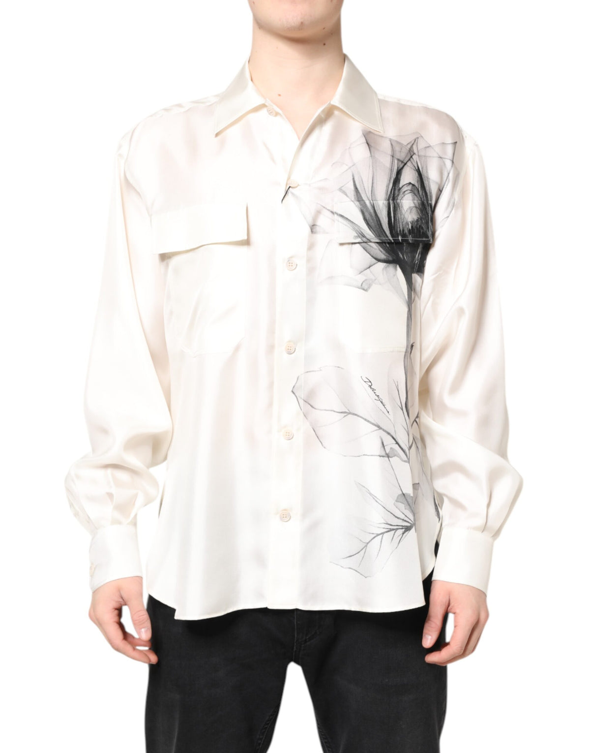 New Dolce & Gabbana Ivory Silk Long Sleeves Men Casual Shirt