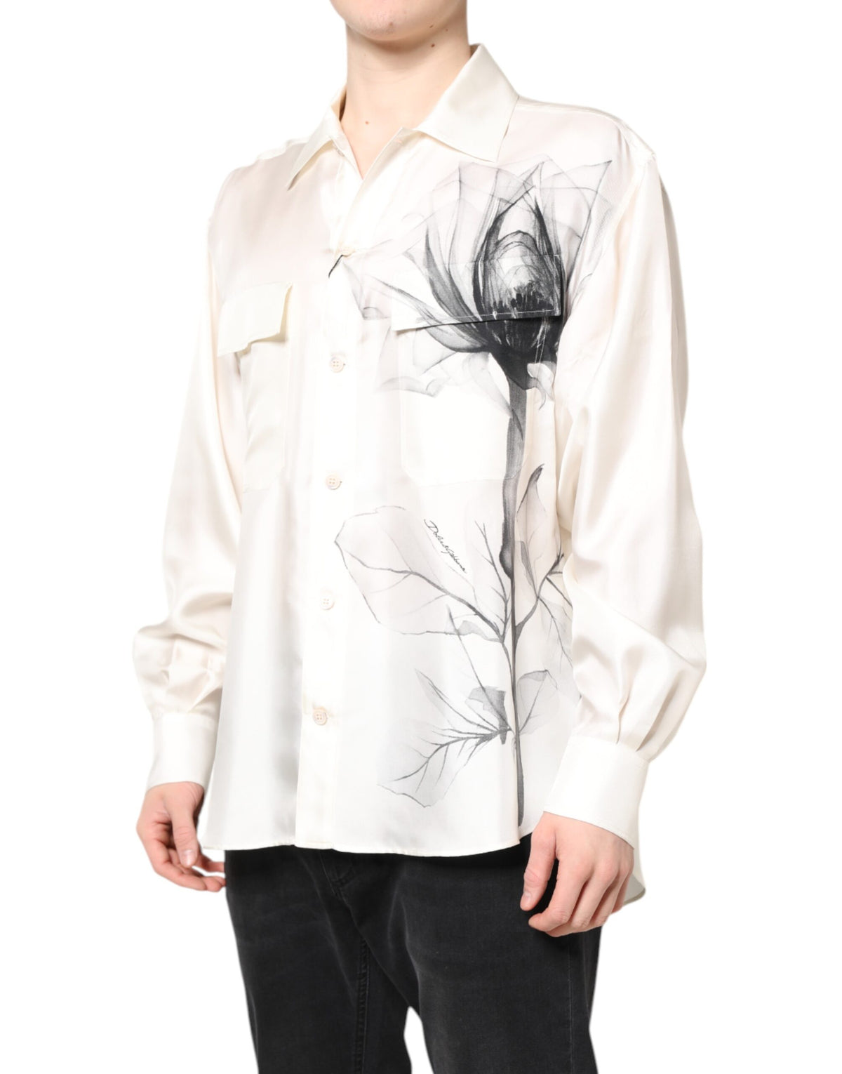 New Dolce & Gabbana Ivory Silk Long Sleeves Men Casual Shirt