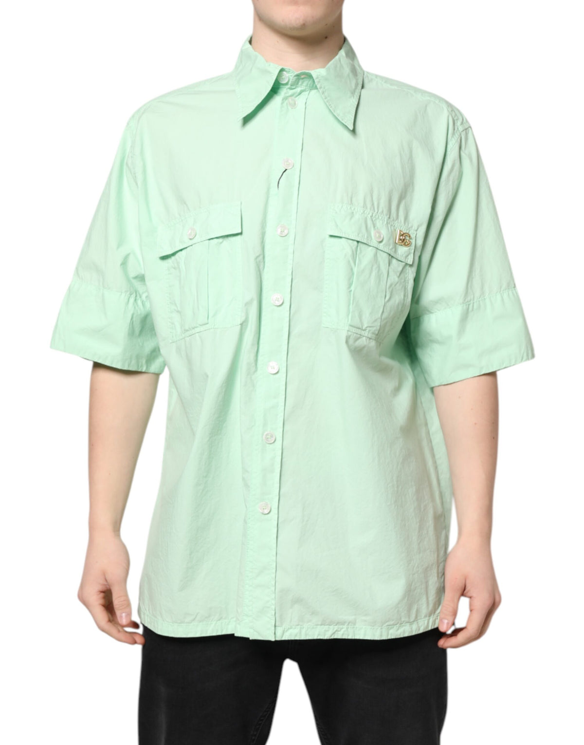 Pre-Owned Dolce & Gabbana Green Cotton Short Sleeves Men Casual Shirt - New with Defect