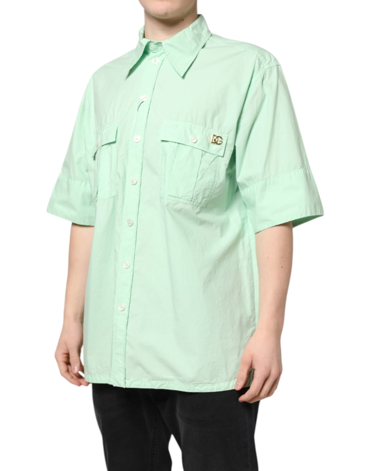 Pre-Owned Dolce & Gabbana Green Cotton Short Sleeves Men Casual Shirt - New with Defect