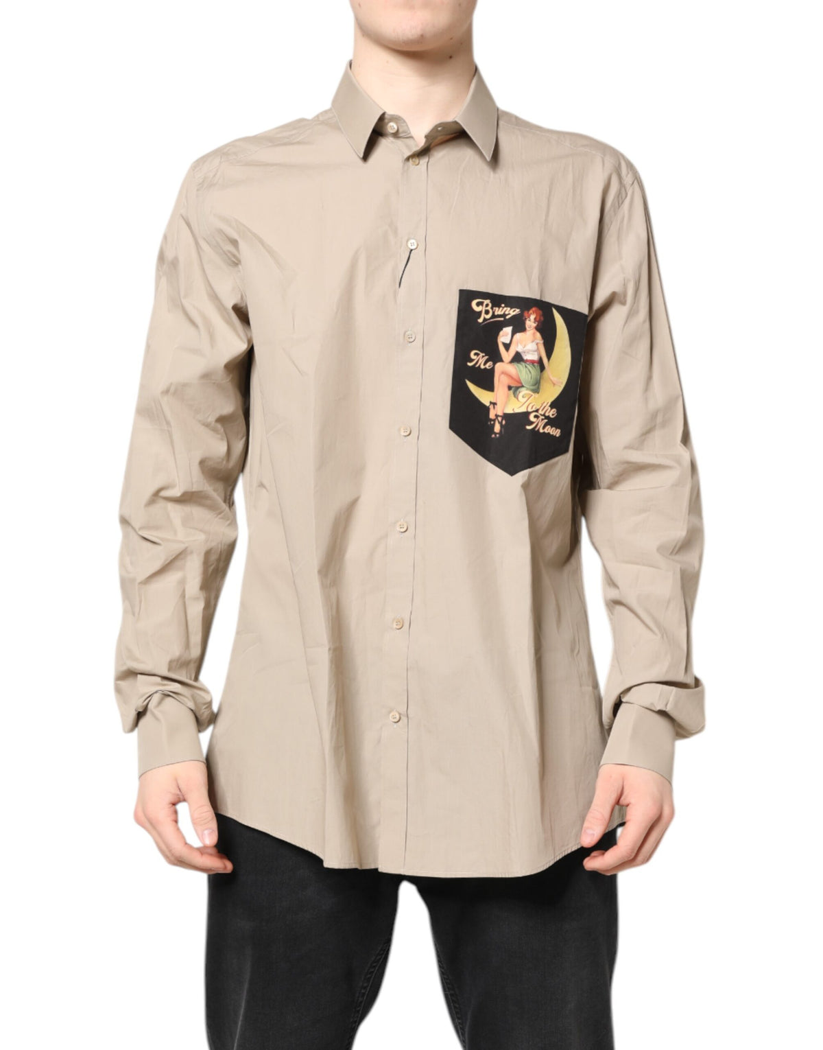 New Dolce & Gabbana Beige Pin Up Print MARTINI Men Casual Shirt