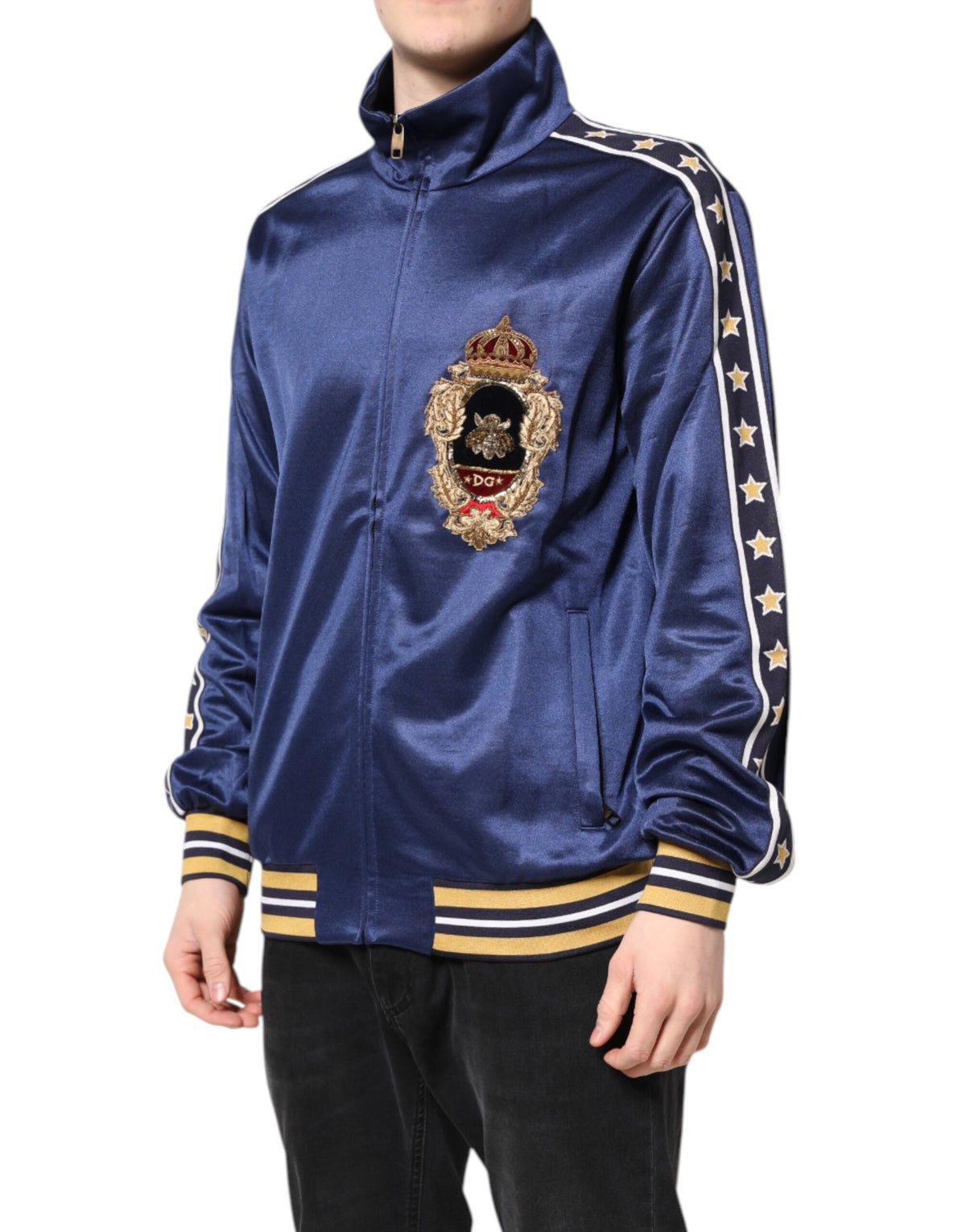 Pre-Owned Dolce & Gabbana Blue Nylon Logo Patch Men Bomber Sweater - New with Defect