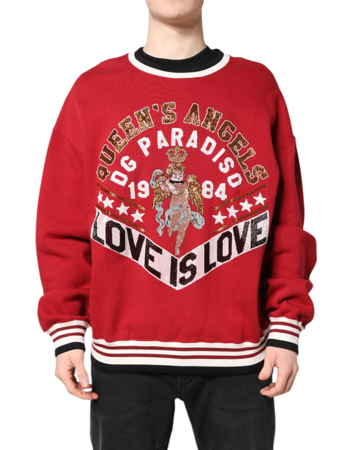 New Dolce & Gabbana Red Sequin Knit Pullover Sweatshirt Sweater