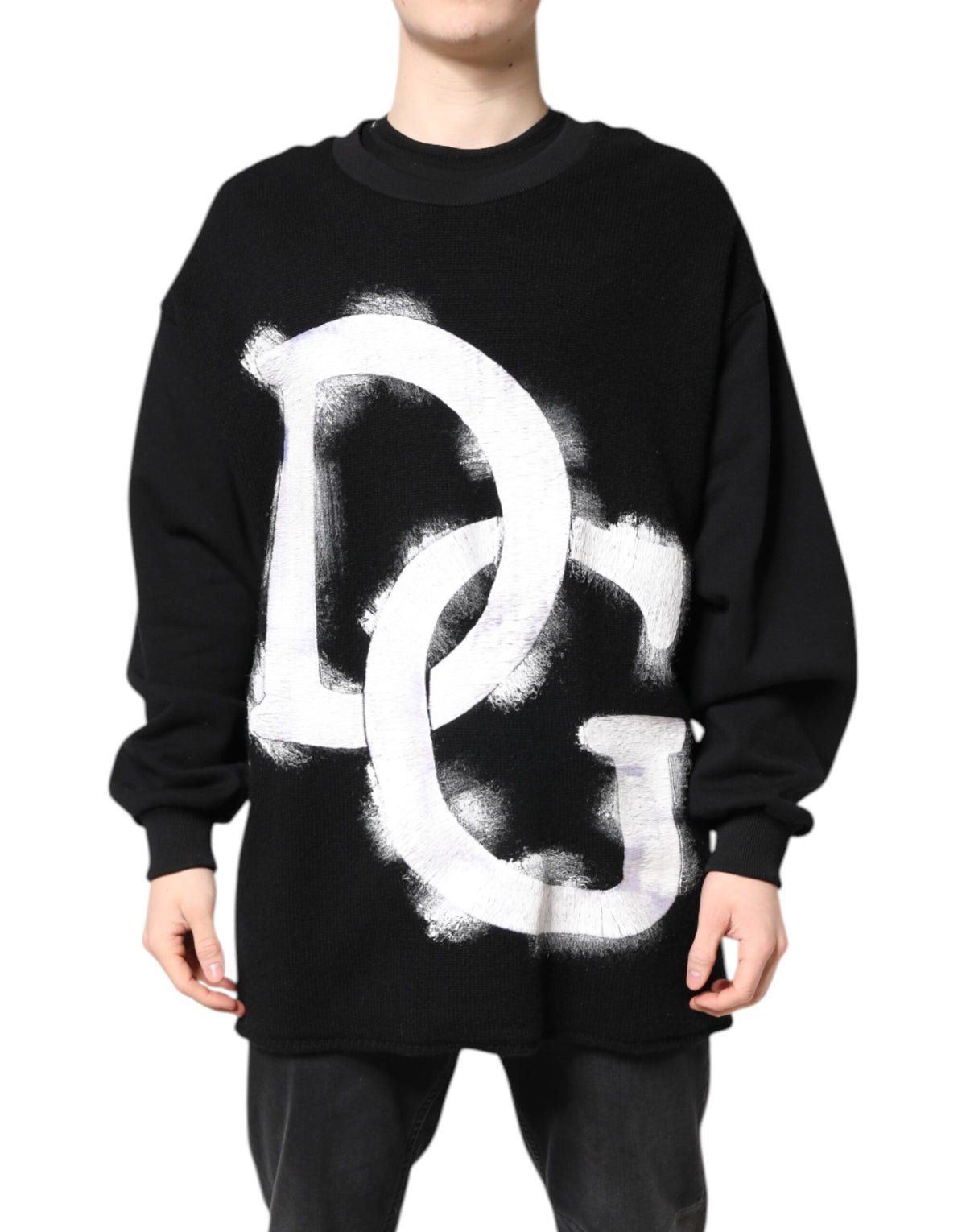 New Dolce & Gabbana Black Cotton Logo Print Men Pullover Sweater
