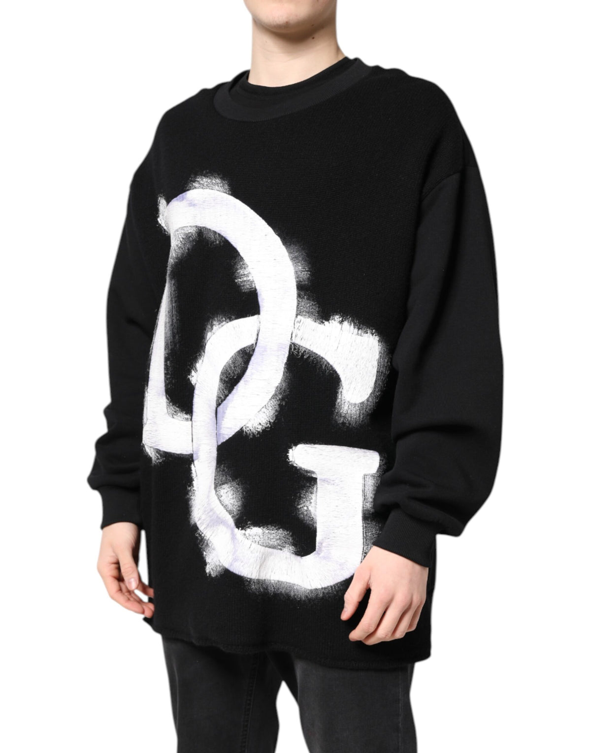 New Dolce & Gabbana Black Cotton Logo Print Men Pullover Sweater