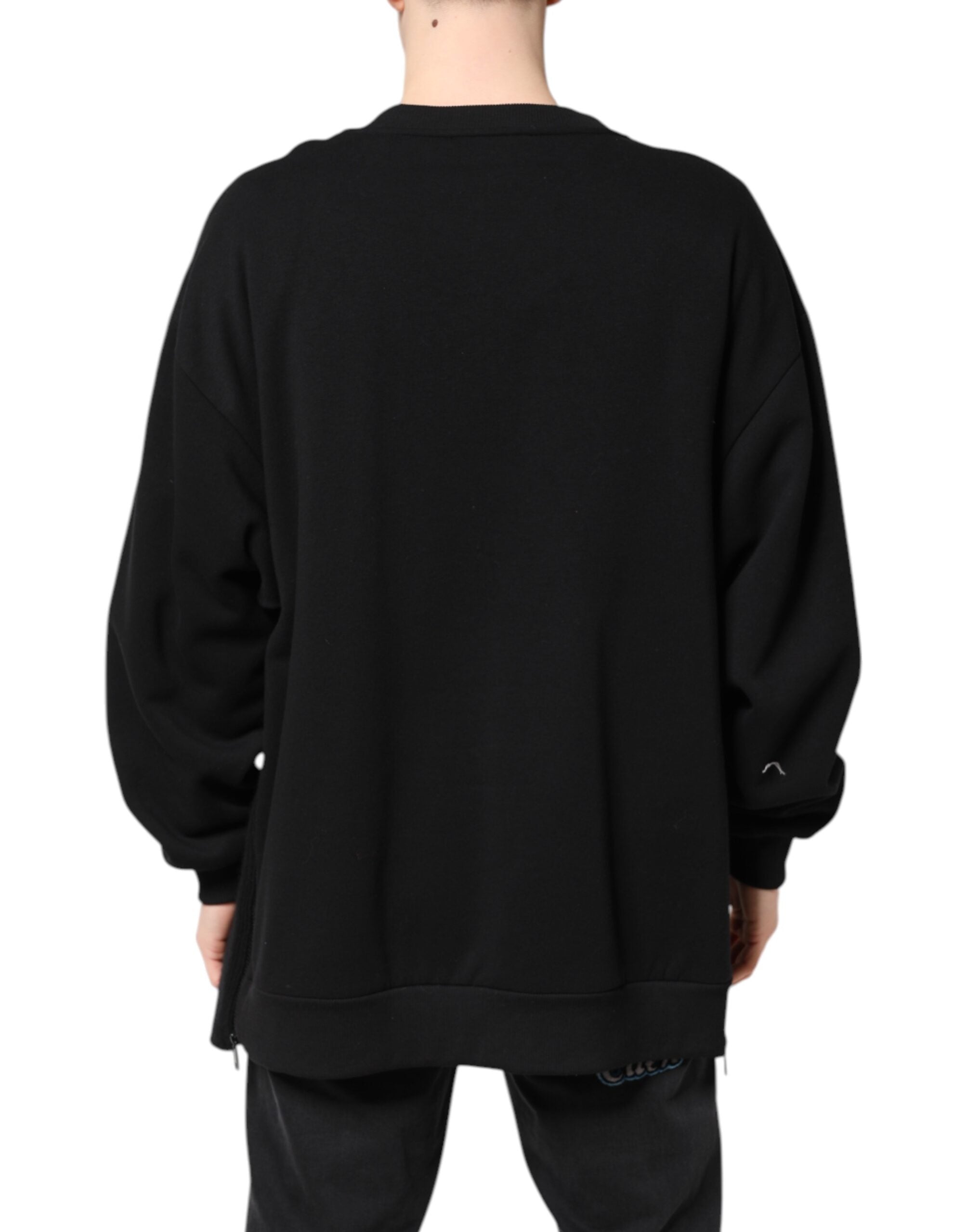 New Dolce & Gabbana Black Cotton Logo Print Men Pullover Sweater