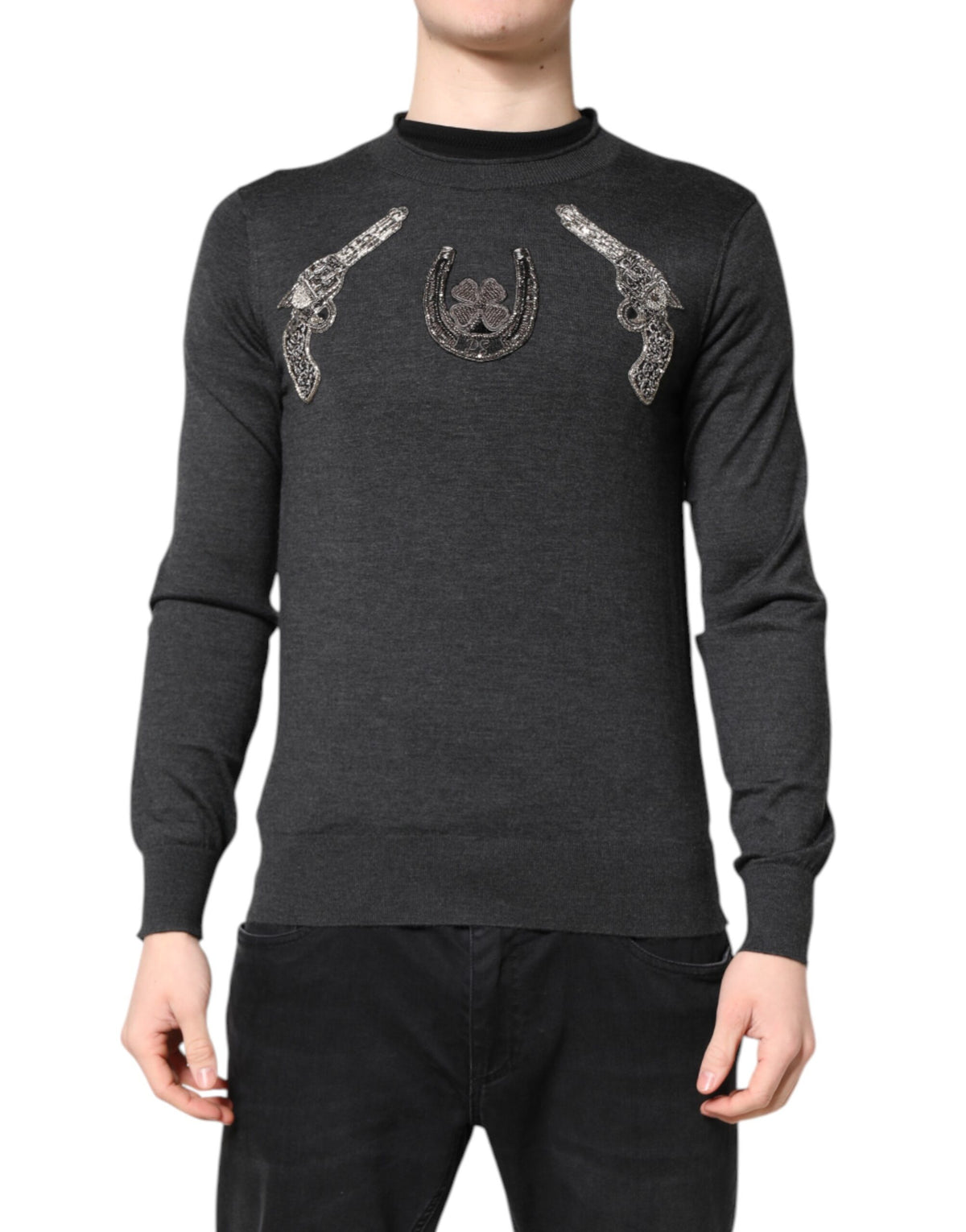 New Dolce & Gabbana Gray Embroidery Knit Men Pullover Sweater