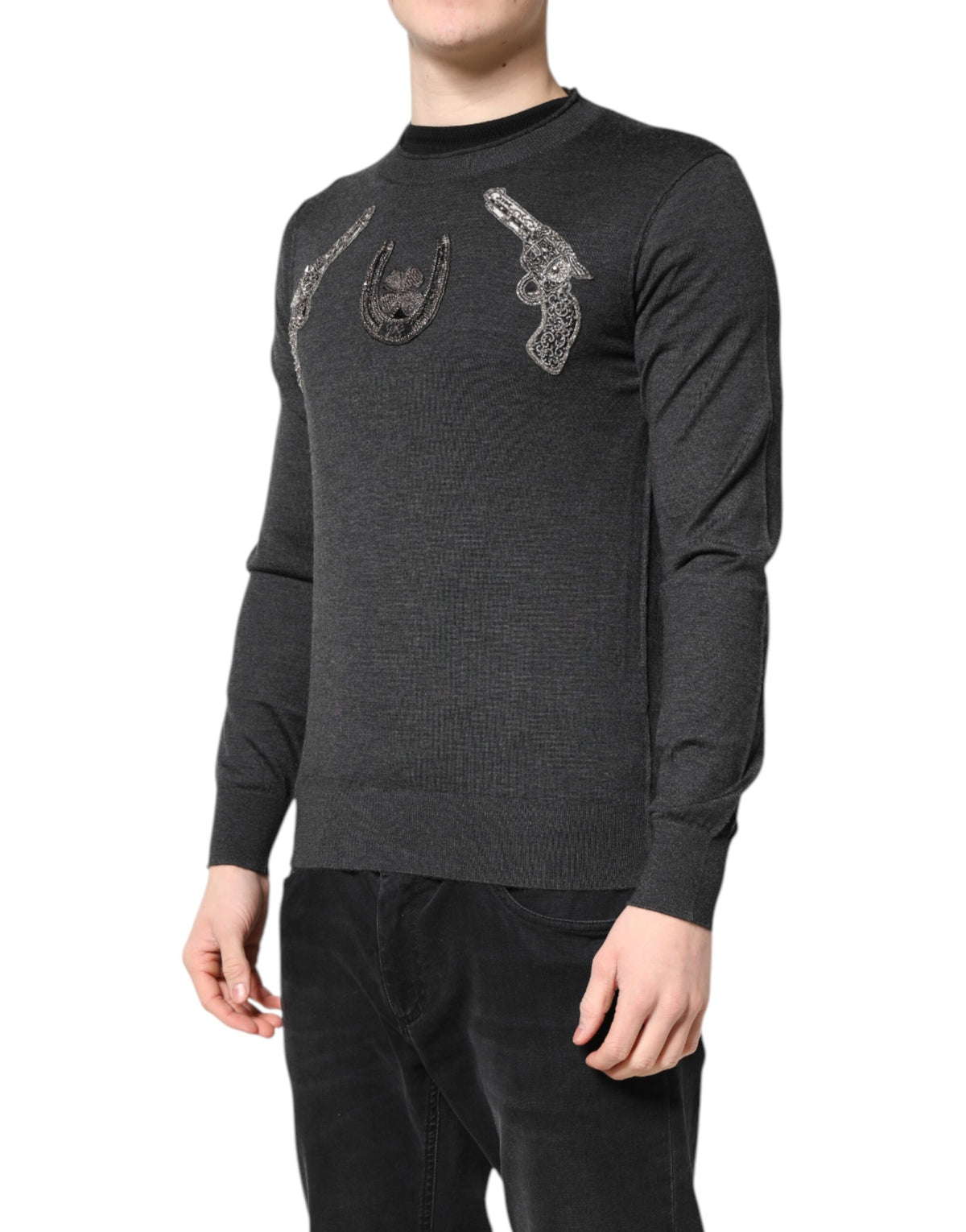 New Dolce & Gabbana Gray Embroidery Knit Men Pullover Sweater