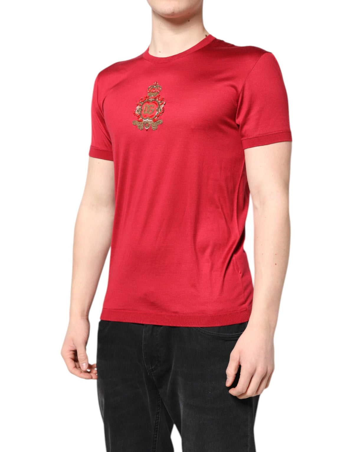 Pre-Owned Dolce & Gabbana Red Silk DG Crown Logo Short Sleeve T-shirt Men's - New with Defect