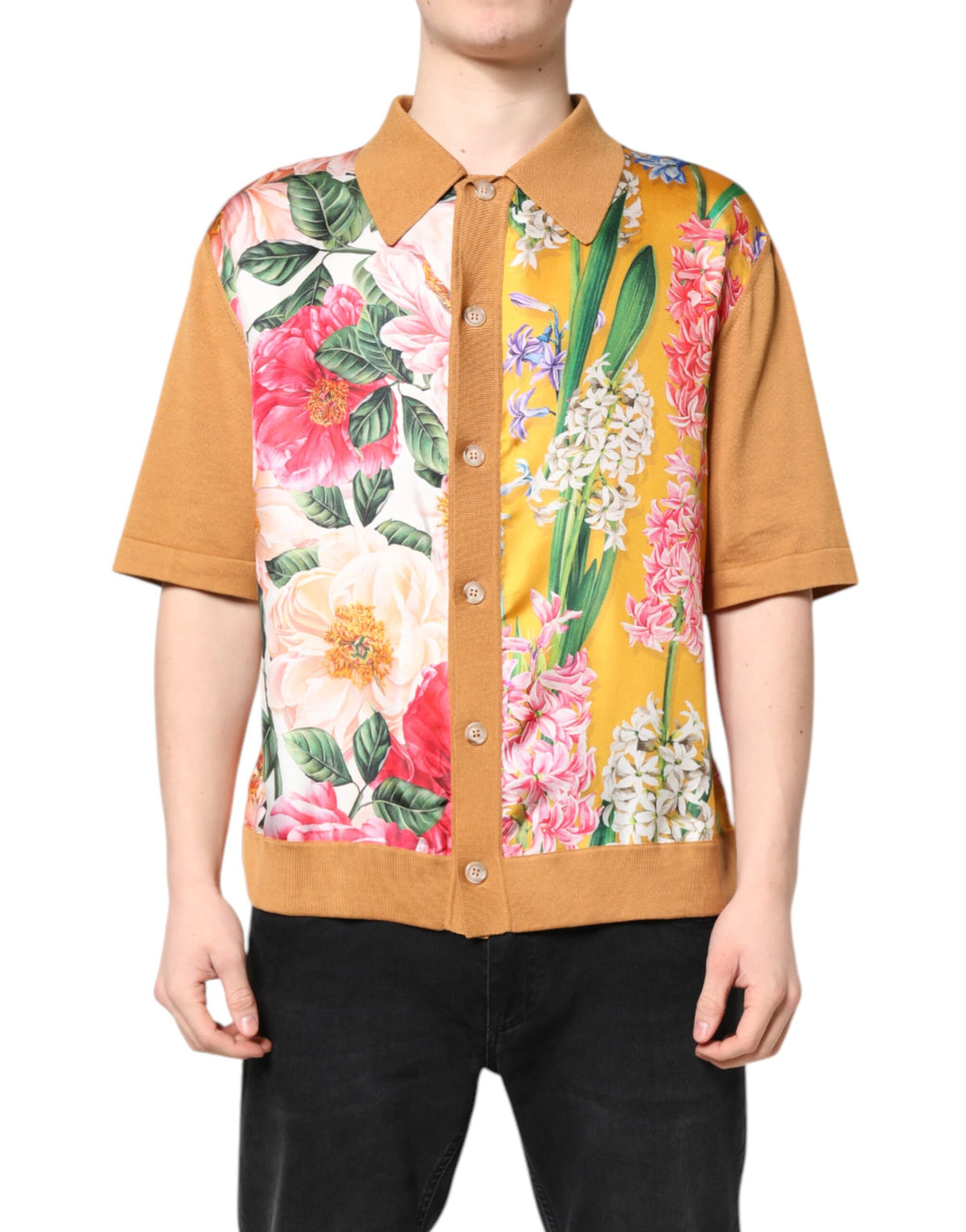 New Dolce & Gabbana Brown Floral Collared Short Sleeve T-shirt