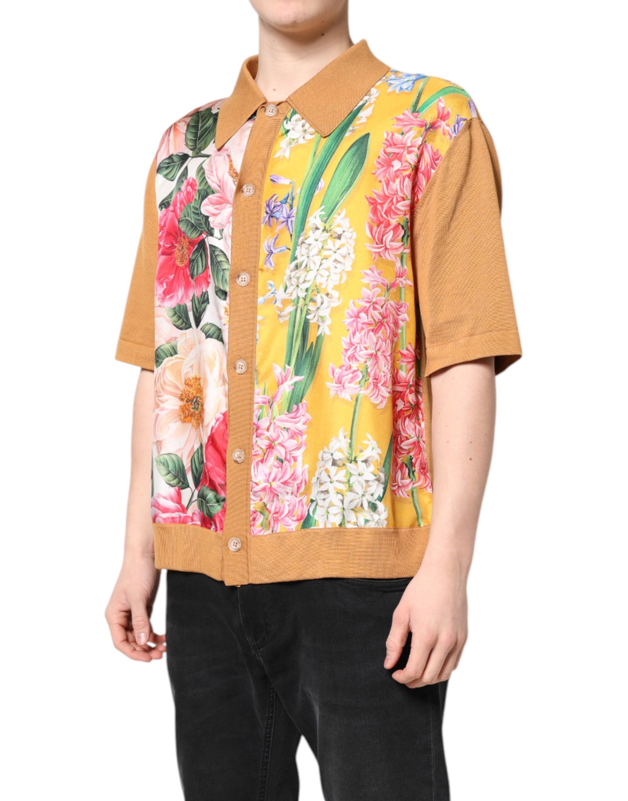 New Dolce & Gabbana Brown Floral Collared Short Sleeve T-shirt