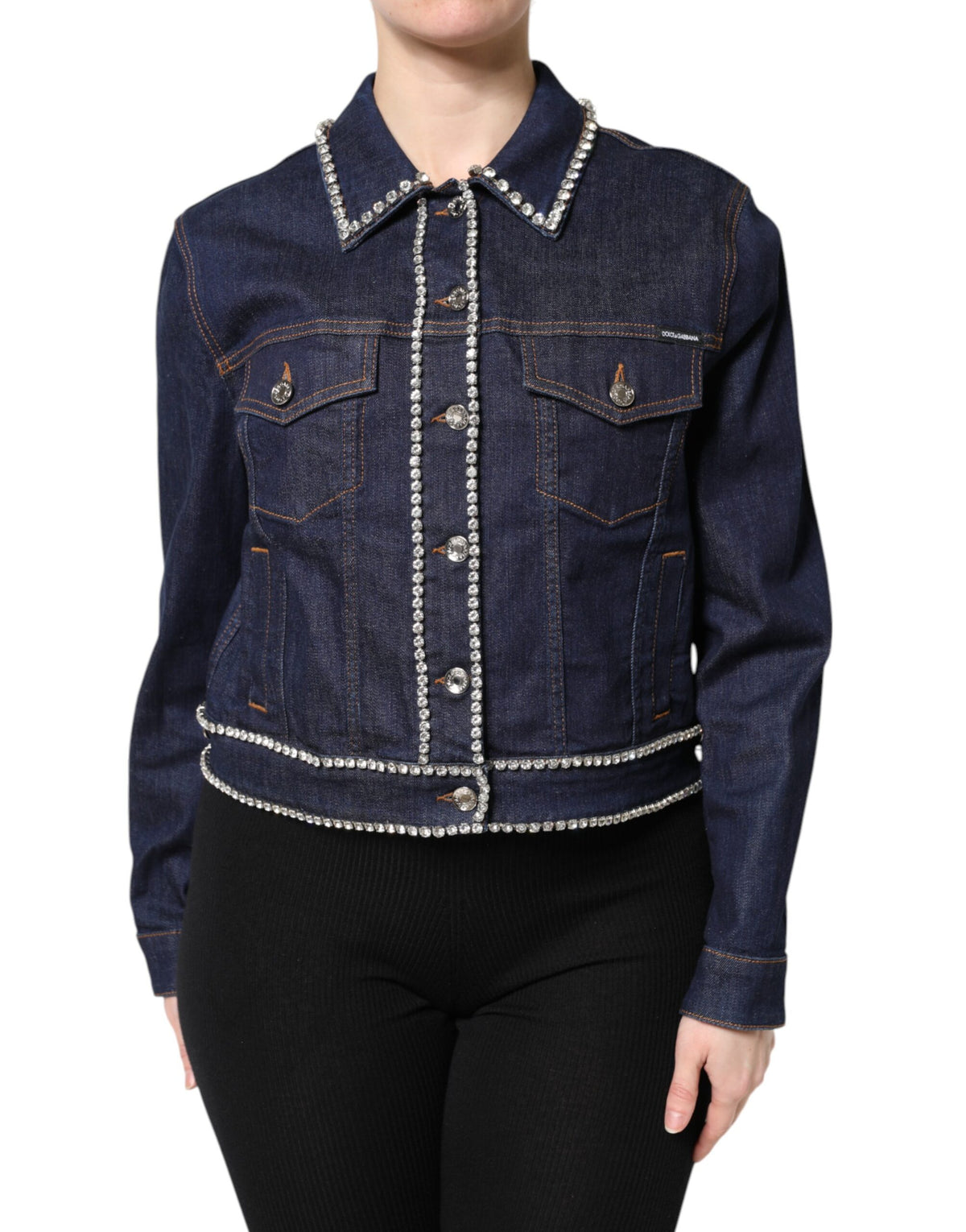 New Dolce & Gabbana Blue Denim Cotton Crystal Embellished Jacket