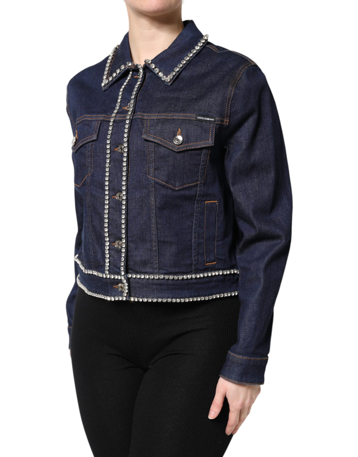 New Dolce & Gabbana Blue Denim Cotton Crystal Embellished Jacket