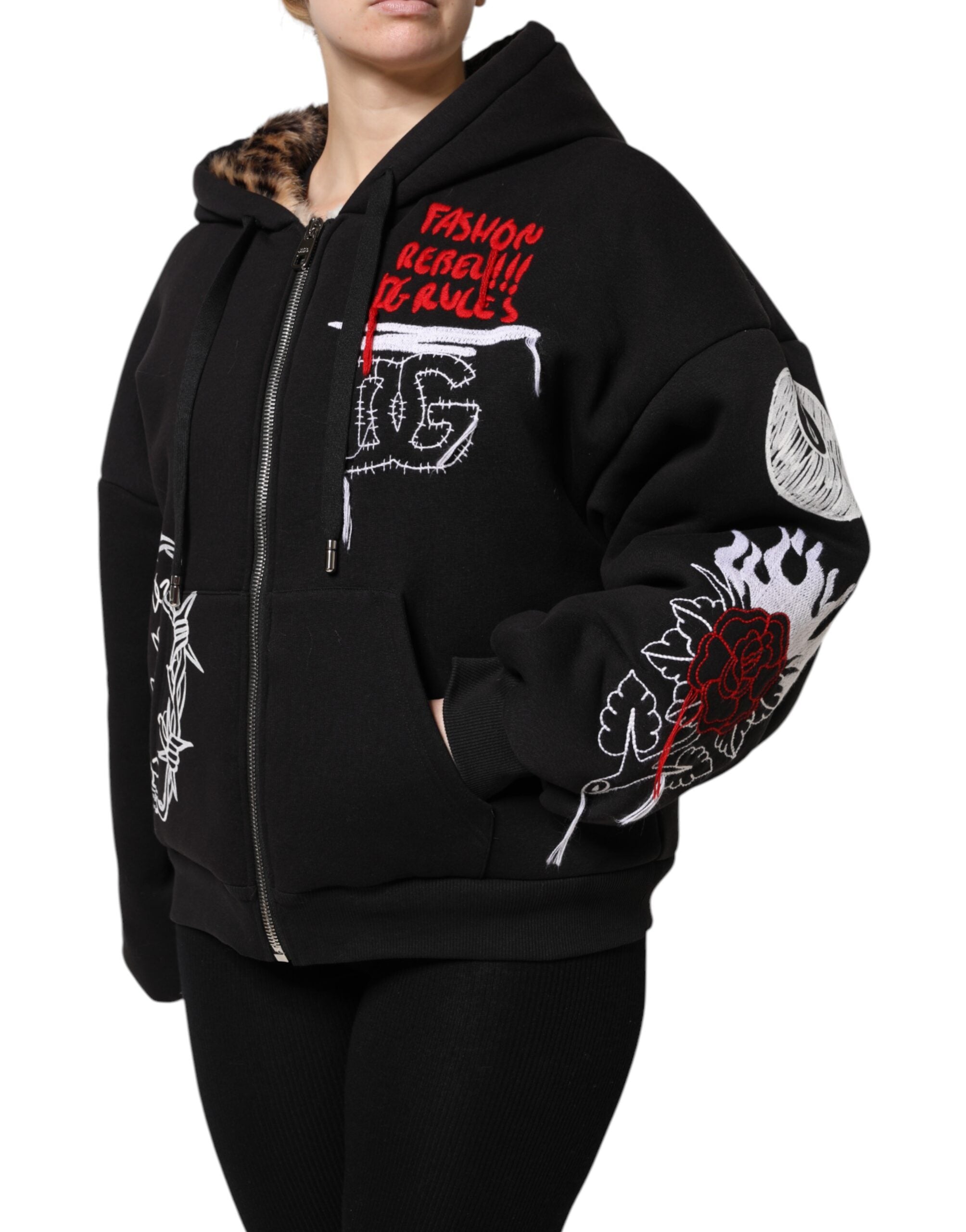 Dolce & Gabbana Black Embroidered Full Zip Hooded Jacket