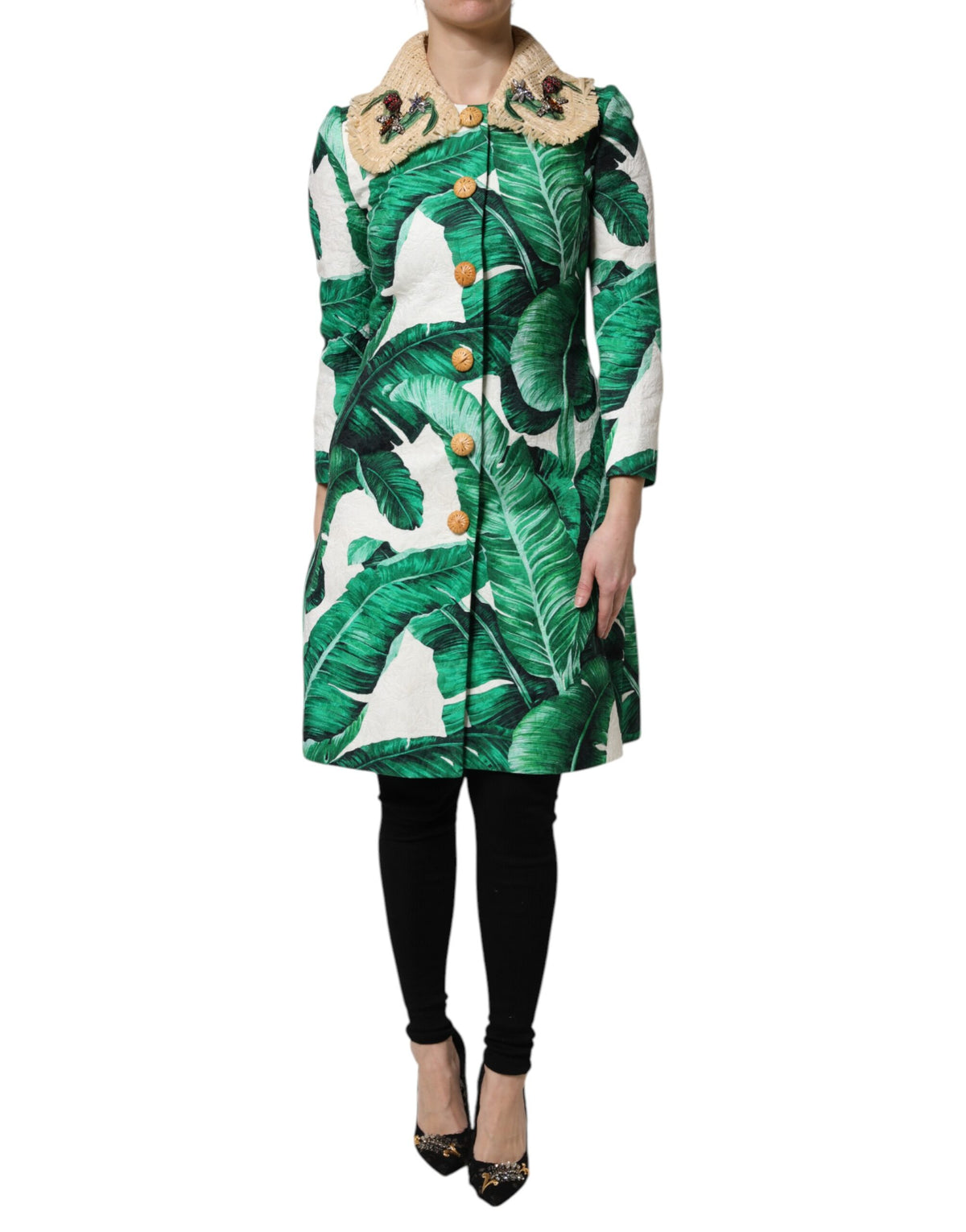New Dolce & Gabbana Leaf Print Embellished Trenchcoat Jacket