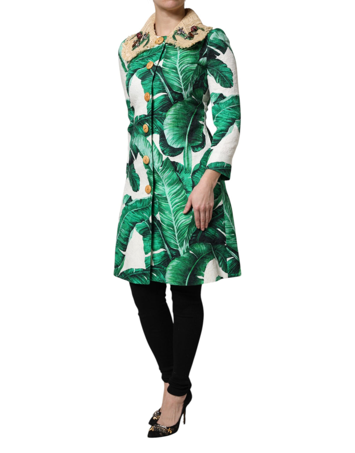 New Dolce & Gabbana Leaf Print Embellished Trenchcoat Jacket