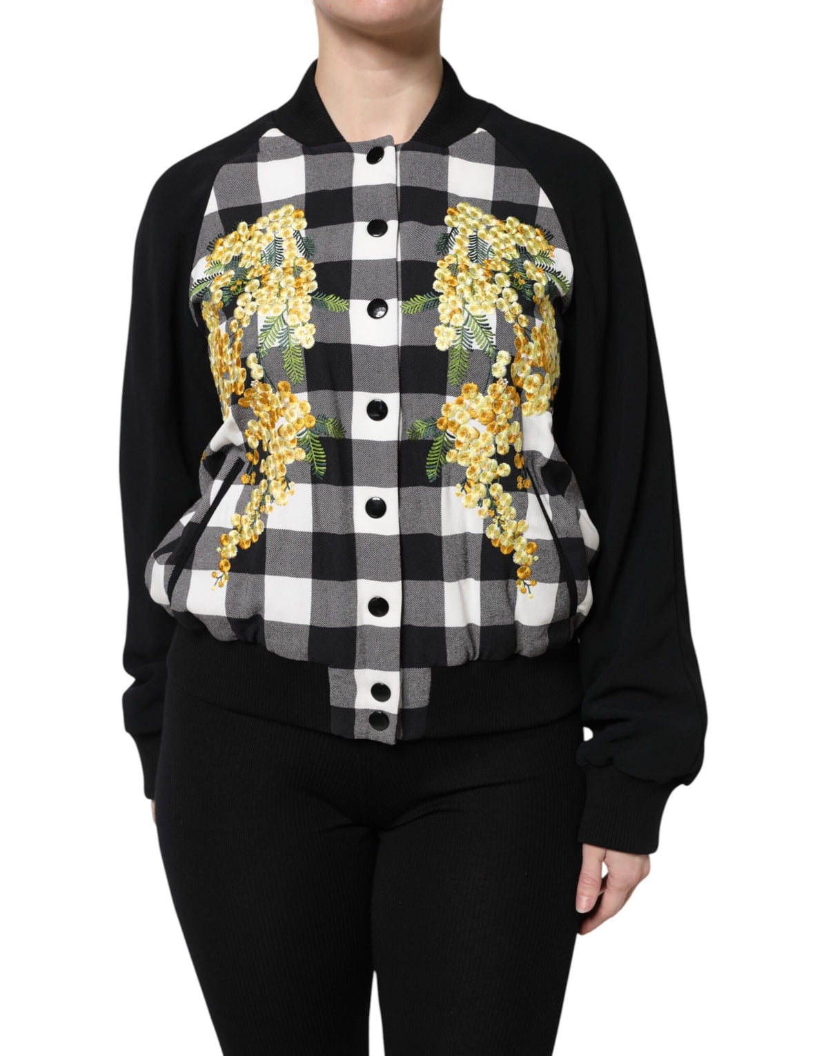 New Dolce & Gabbana Black White Check Floral Button Down Jacket