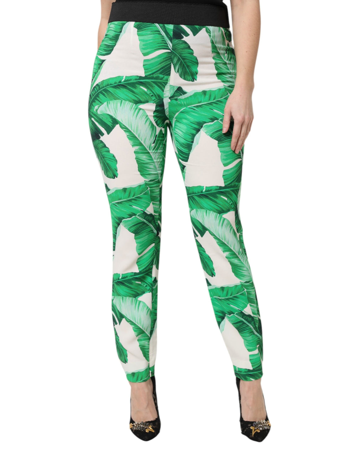 New Dolce & Gabbana White Green Leaf High Waist Pants