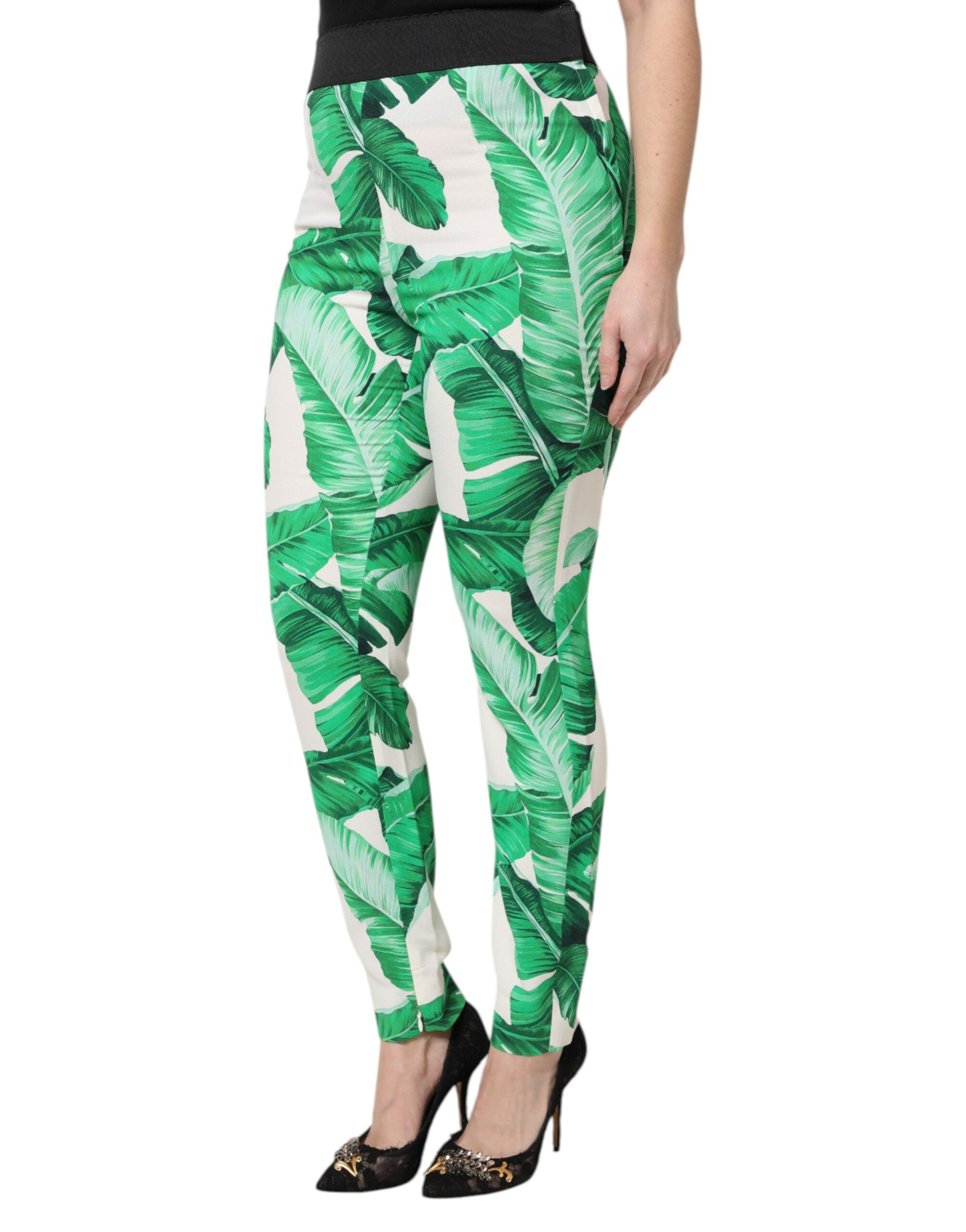 New Dolce & Gabbana White Green Leaf High Waist Pants