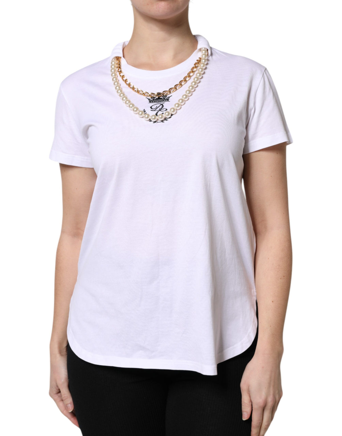 New Dolce & Gabbana White Chain Pearl Cotton Round Neck T-shirt