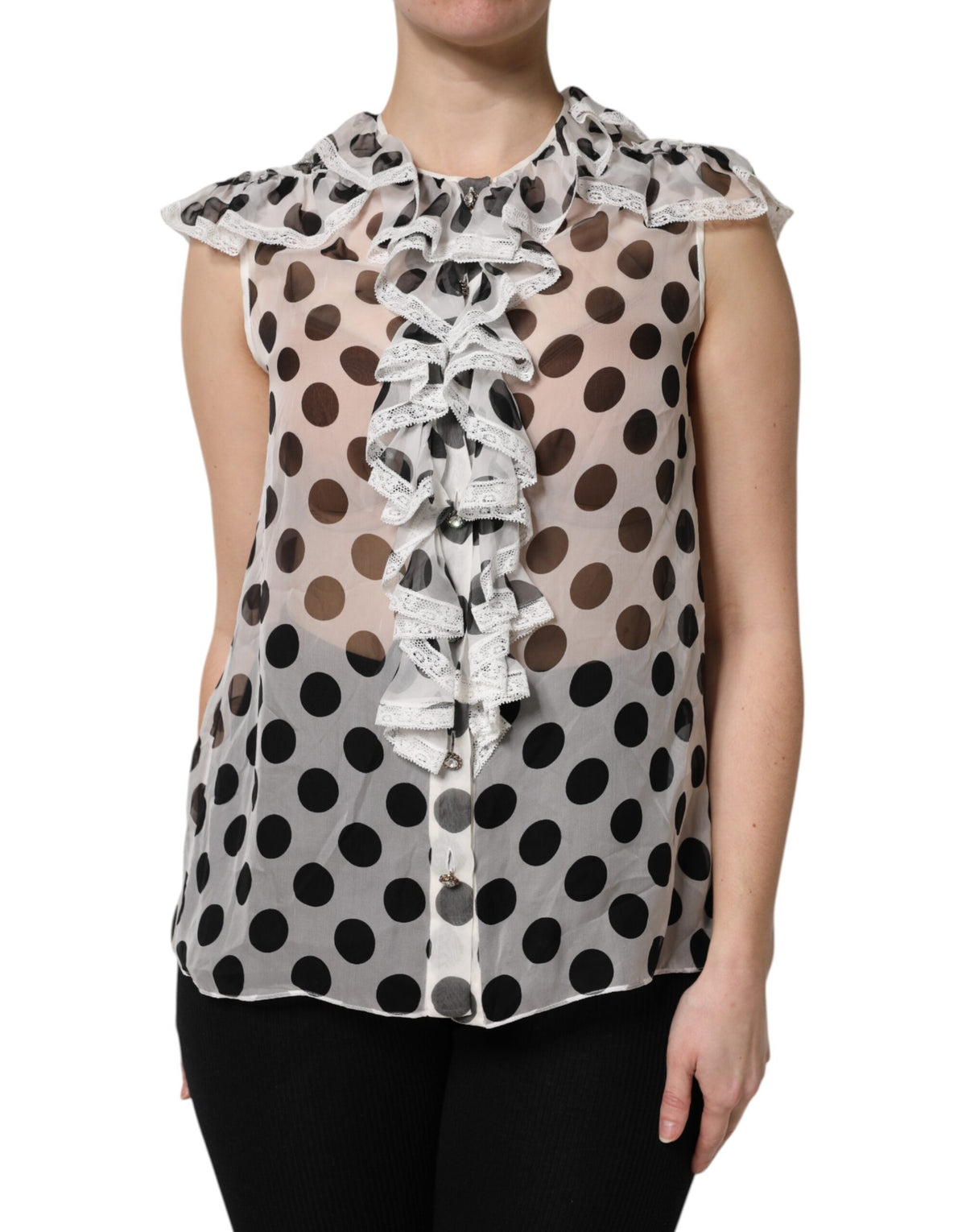 New Dolce & Gabbana White Black Polka Dot Cotton Sleeveless Top