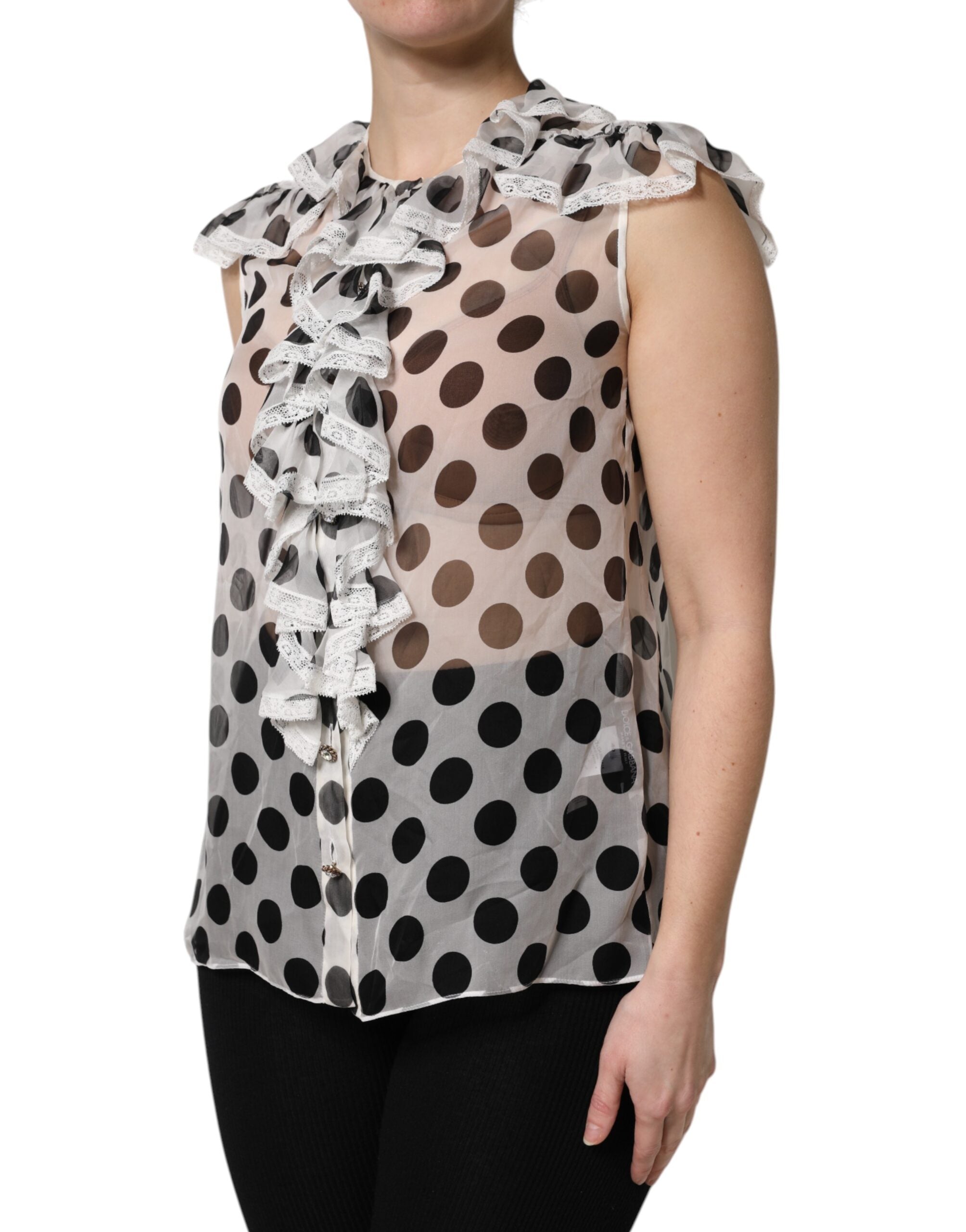 New Dolce & Gabbana White Black Polka Dot Cotton Sleeveless Top