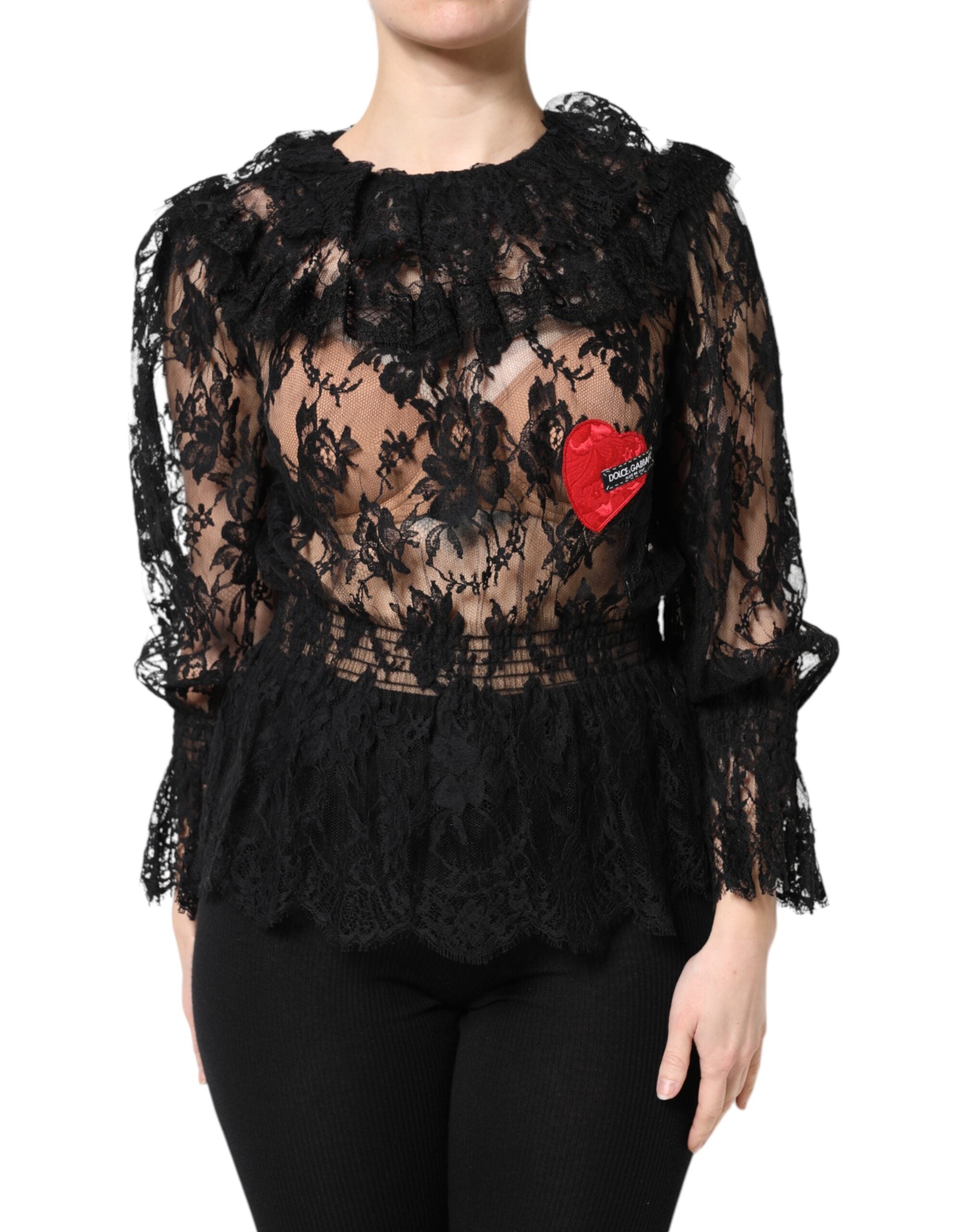 New Dolce & Gabbana Black Cotton Floral Lace Women Blouse Top