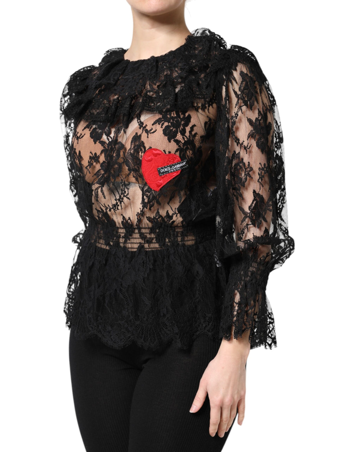 New Dolce & Gabbana Black Cotton Floral Lace Women Blouse Top