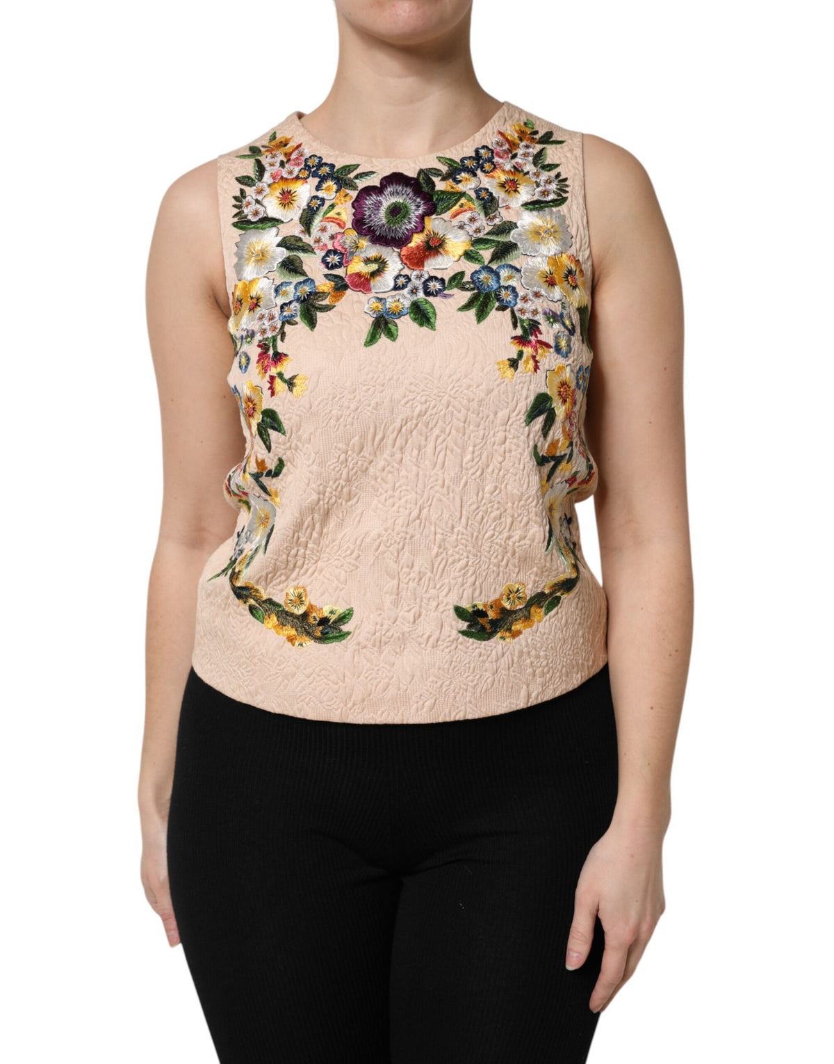 New Dolce & Gabbana Beige Floral Embroidery Sleeveless Tank Top