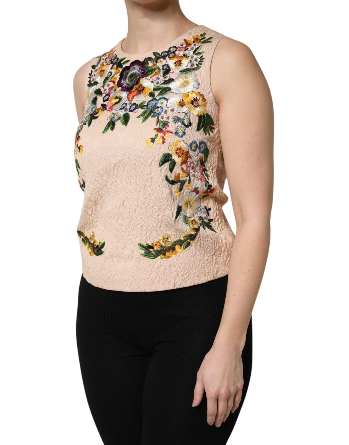 New Dolce & Gabbana Beige Floral Embroidery Sleeveless Tank Top