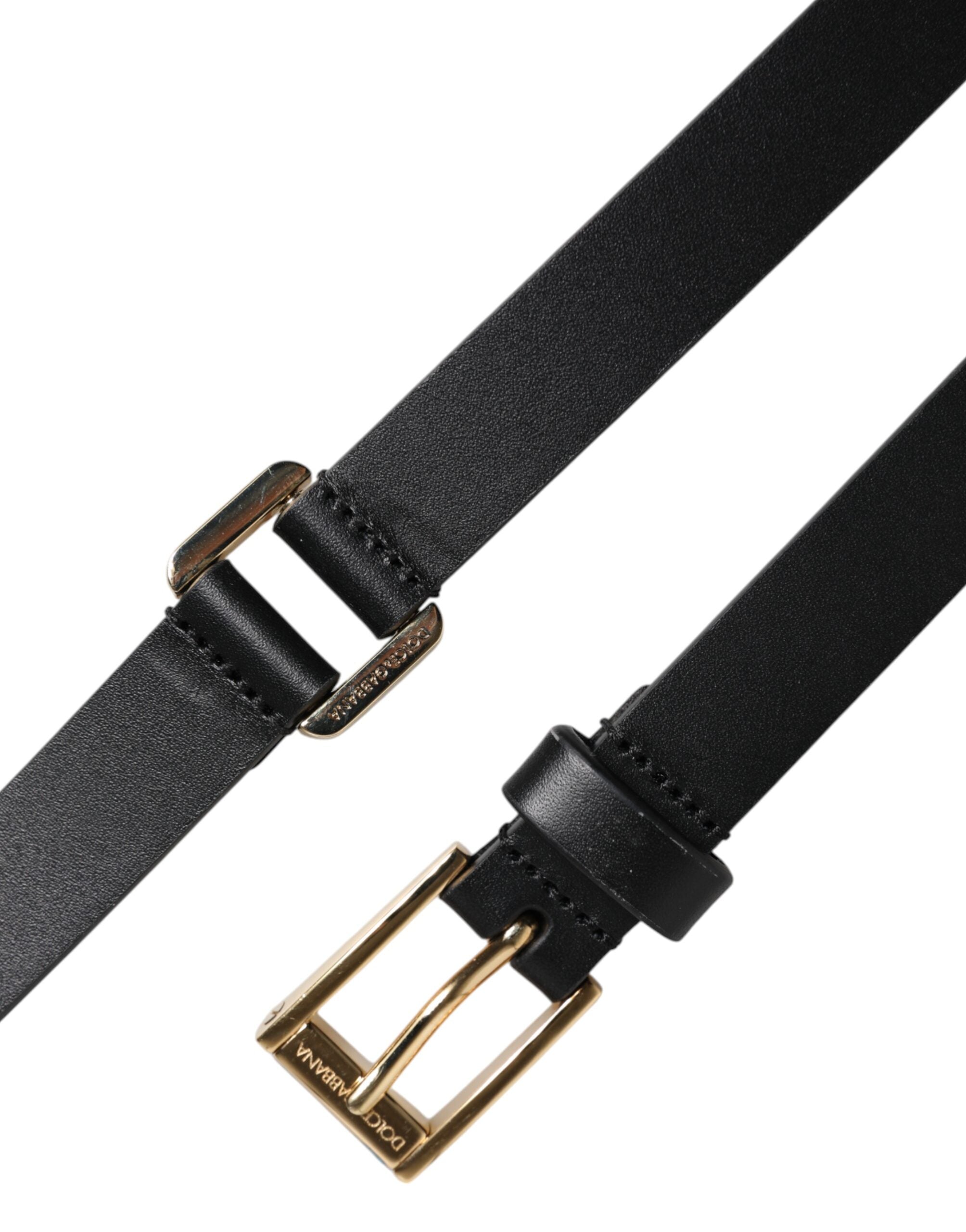 New Dolce & Gabbana Black Classic Gold Metal Logo Buckle Belt