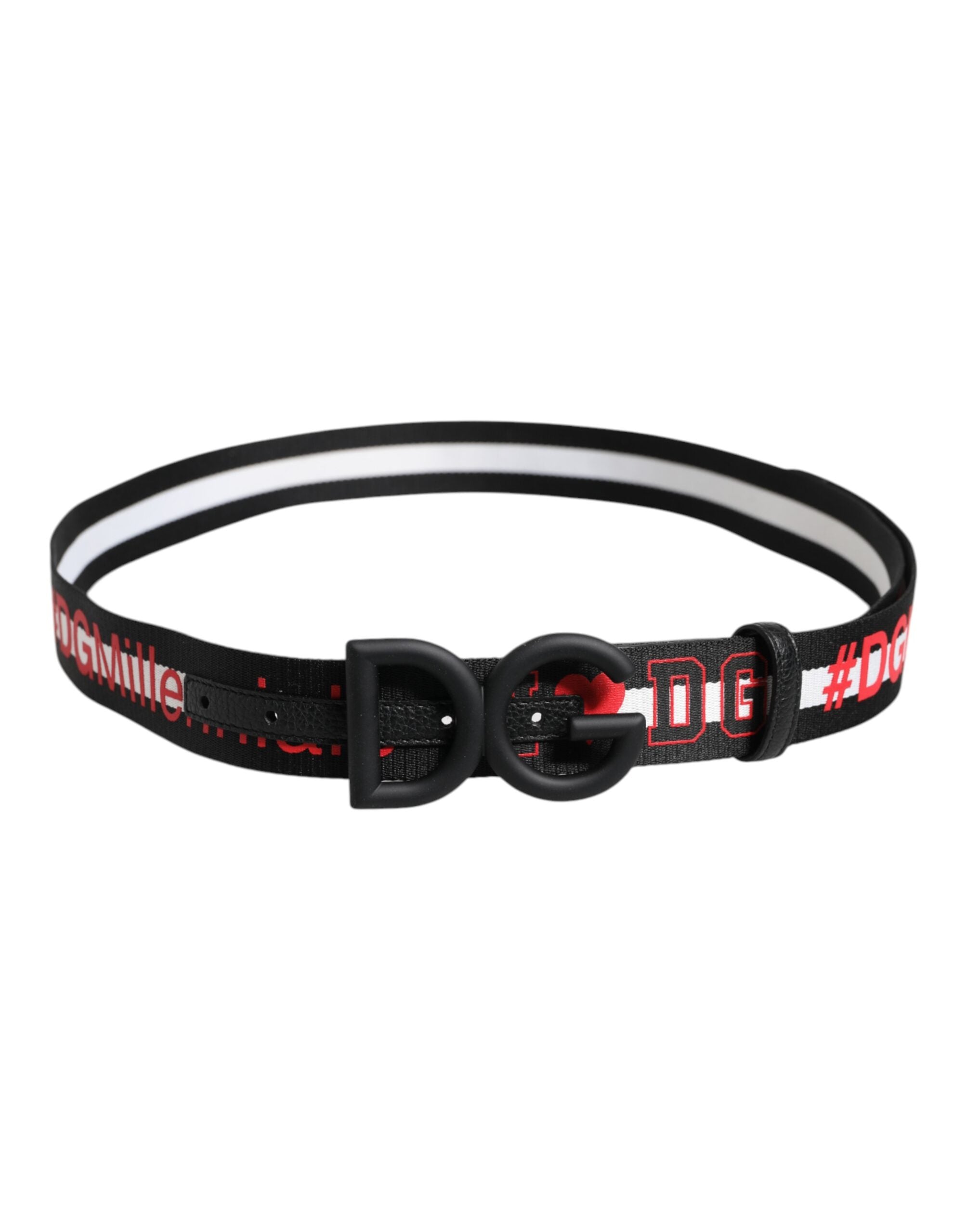 New Dolce & Gabbana Black Polyester Logo Print DG Buckle Belt
