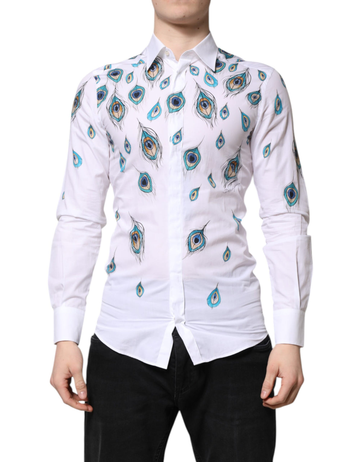 New Dolce & Gabbana White Cotton Feather Print GOLD Dress Shirt