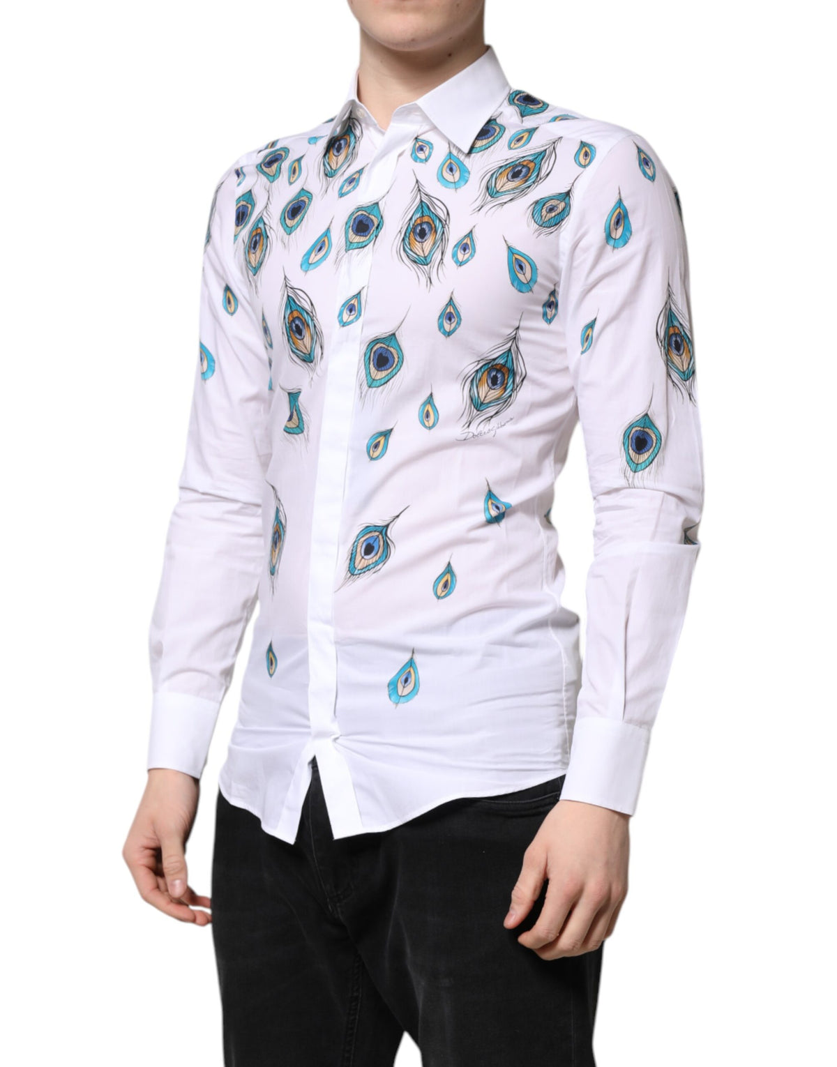 New Dolce & Gabbana White Cotton Feather Print GOLD Dress Shirt