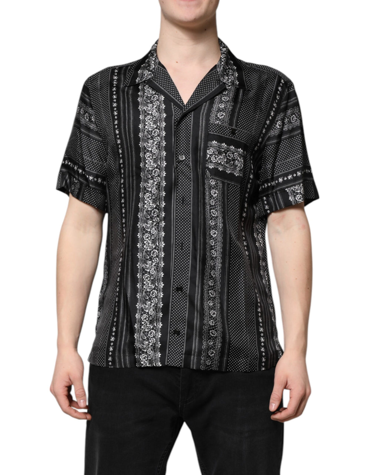 New Dolce & Gabbana Black Silk Floral Print Short Sleeves Shirt