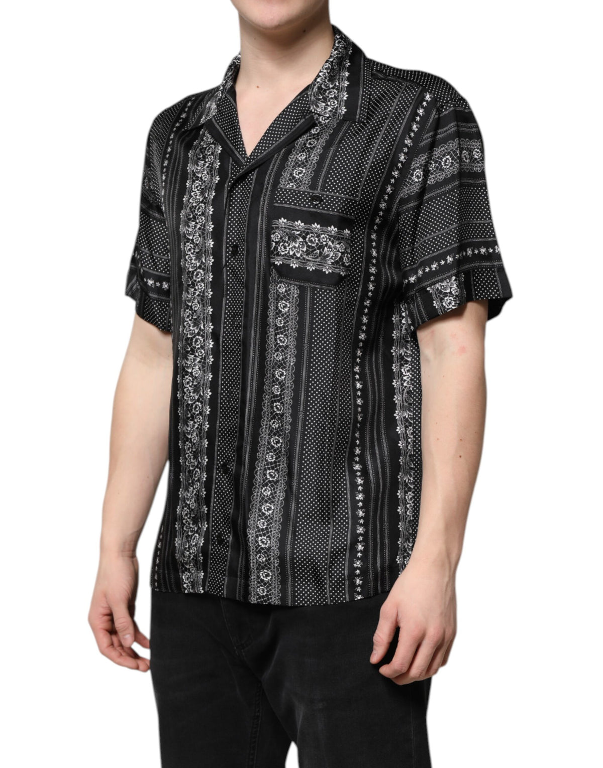 New Dolce & Gabbana Black Silk Floral Print Short Sleeves Shirt