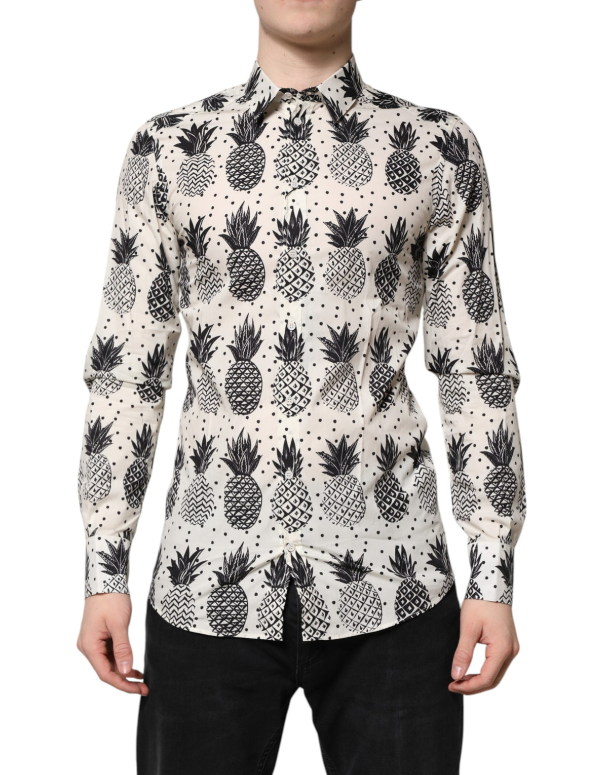 New Dolce & Gabbana White Pineapple Print Long Sleeve GOLD Shirt