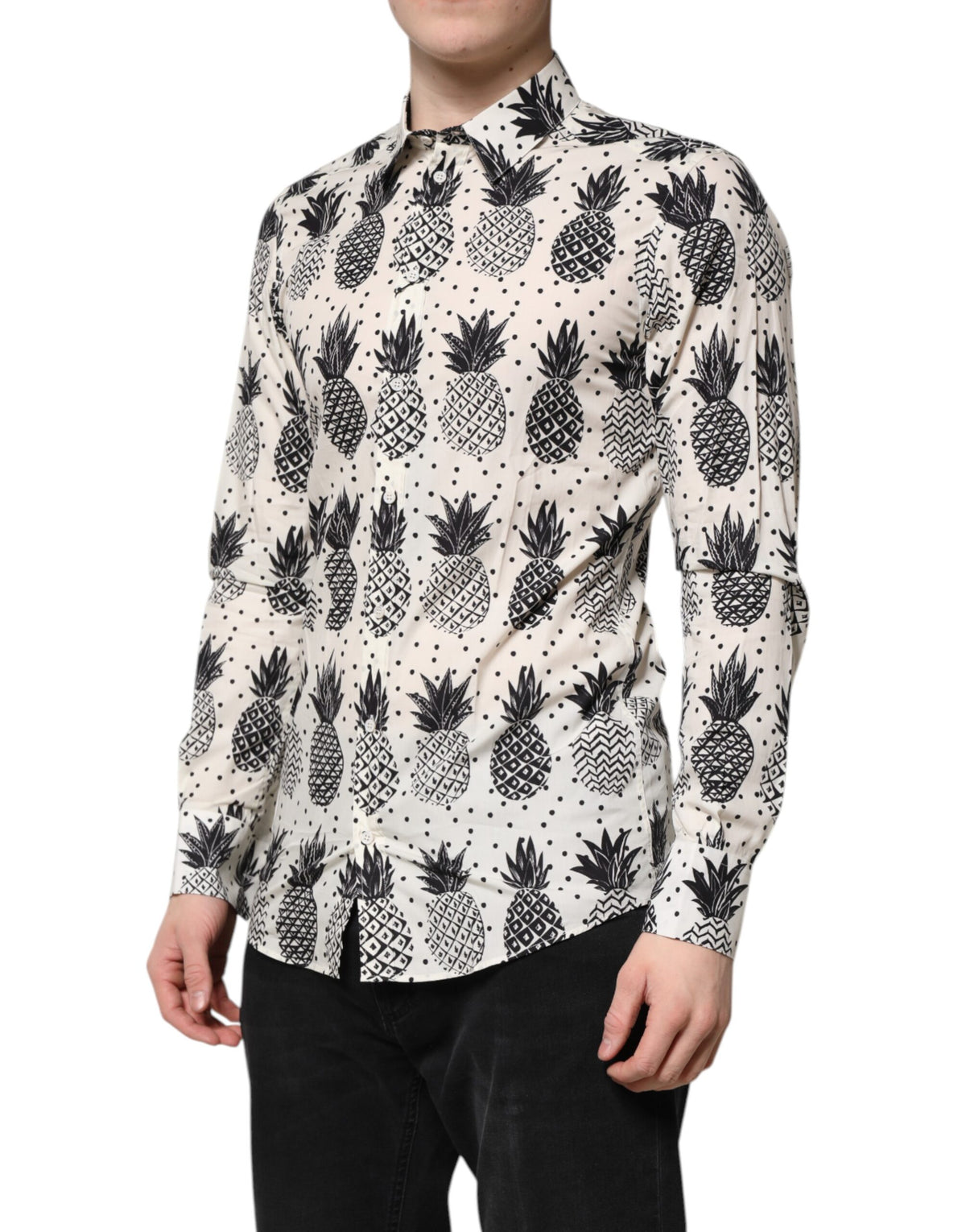 New Dolce & Gabbana White Pineapple Print Long Sleeve GOLD Shirt